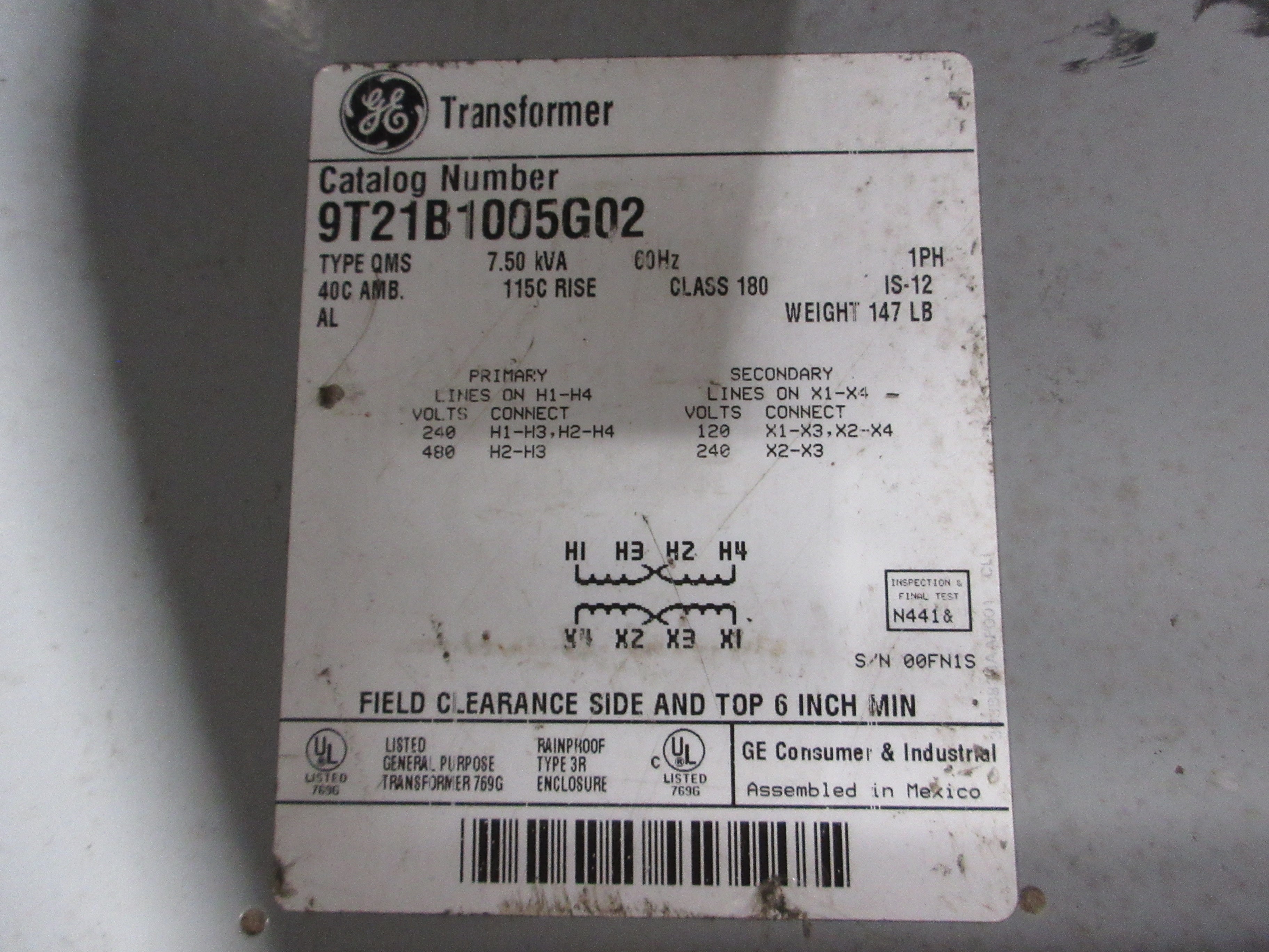 GE Transformer 9T21B1005G02 7.5kVA Pri: 240/480V Sec: 120/240V 60Hz 1Ph Used