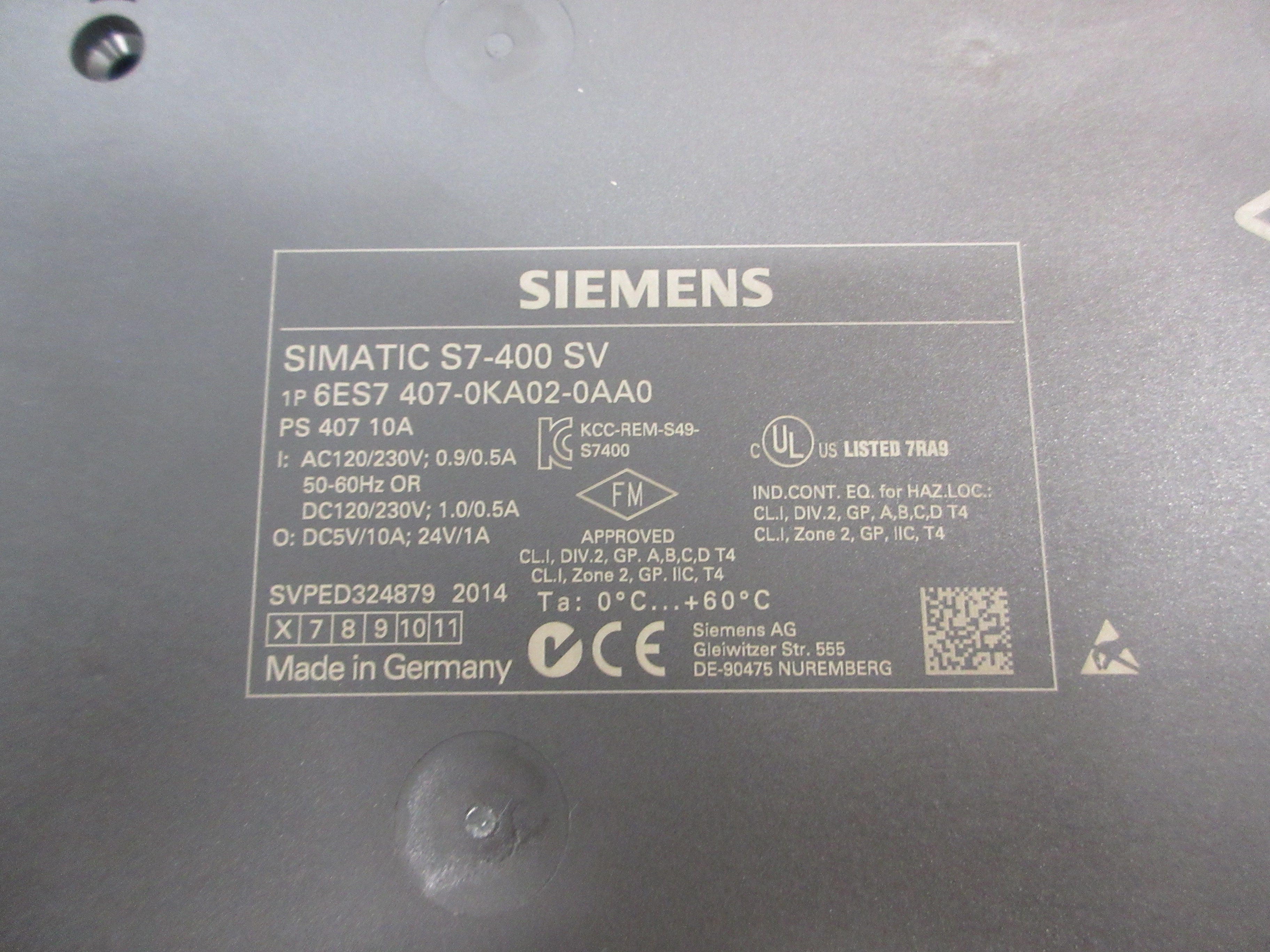 Siemens Simatic S7-400 SV Power Supply Module 6ES7 407-0KA02-0AA0 Used