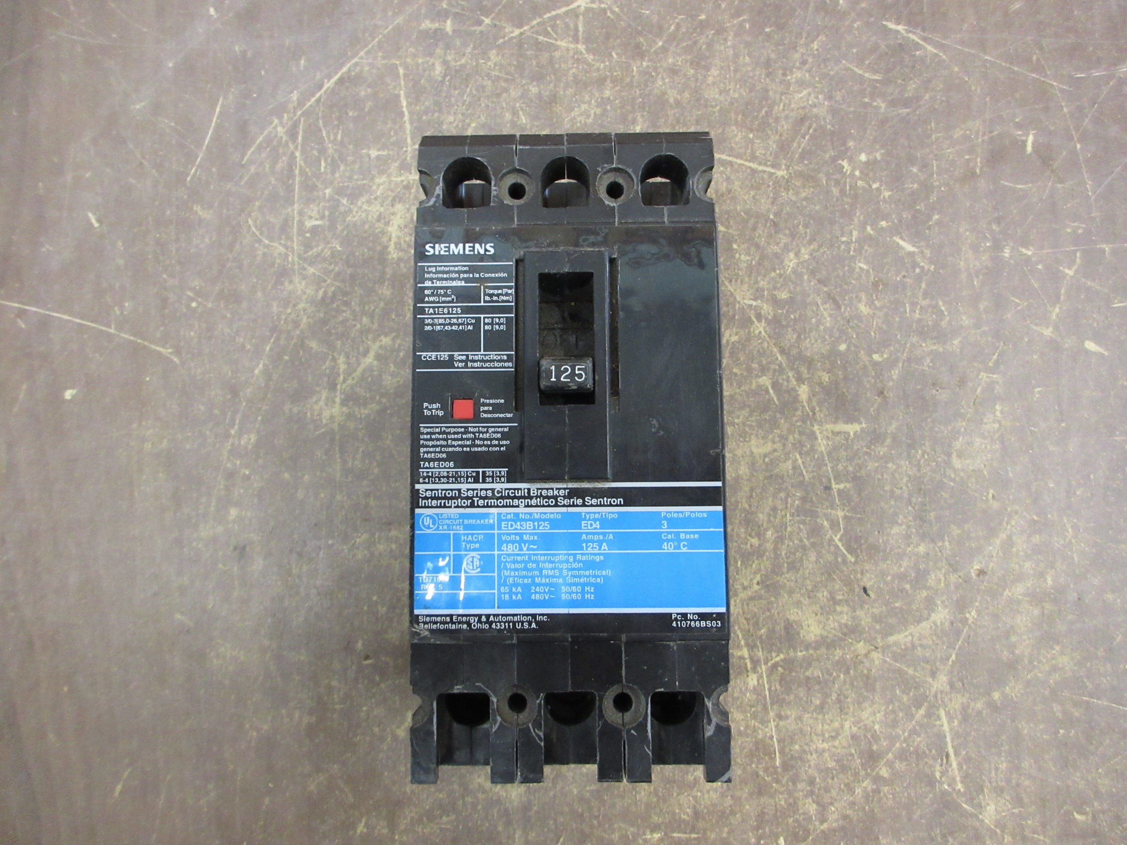 Siemens Sentron Circuit Breaker ED43B125 125A 480V 3P Used