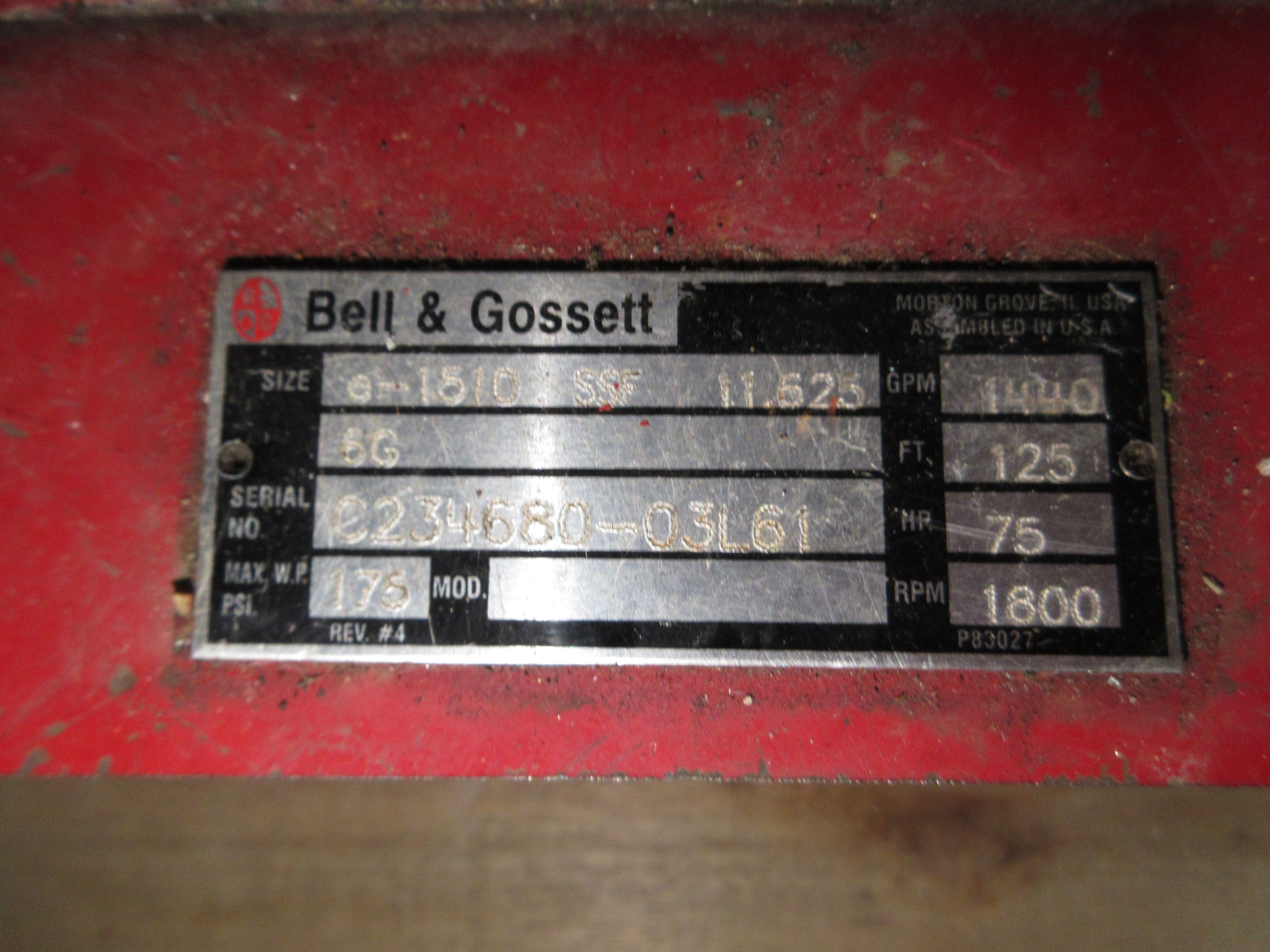 Bell & Gossett Pump e-1510 SSF 11.625 6G 75HP 1800RPM 1440GPM 125FT Head Used