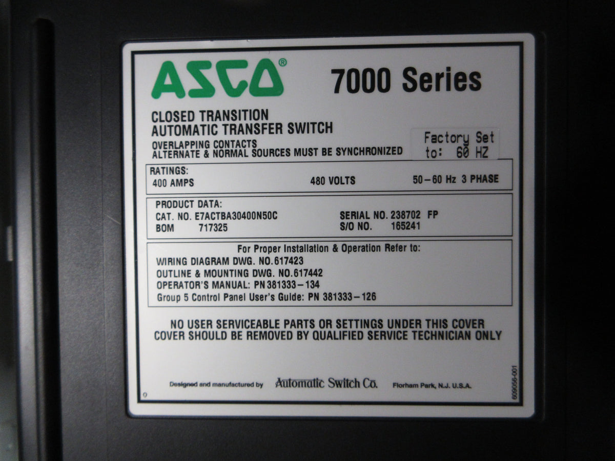 Asco 7000 Series Automatic Transfer Switch w/ Bypass E7ACTBA30400N50C 400A Used