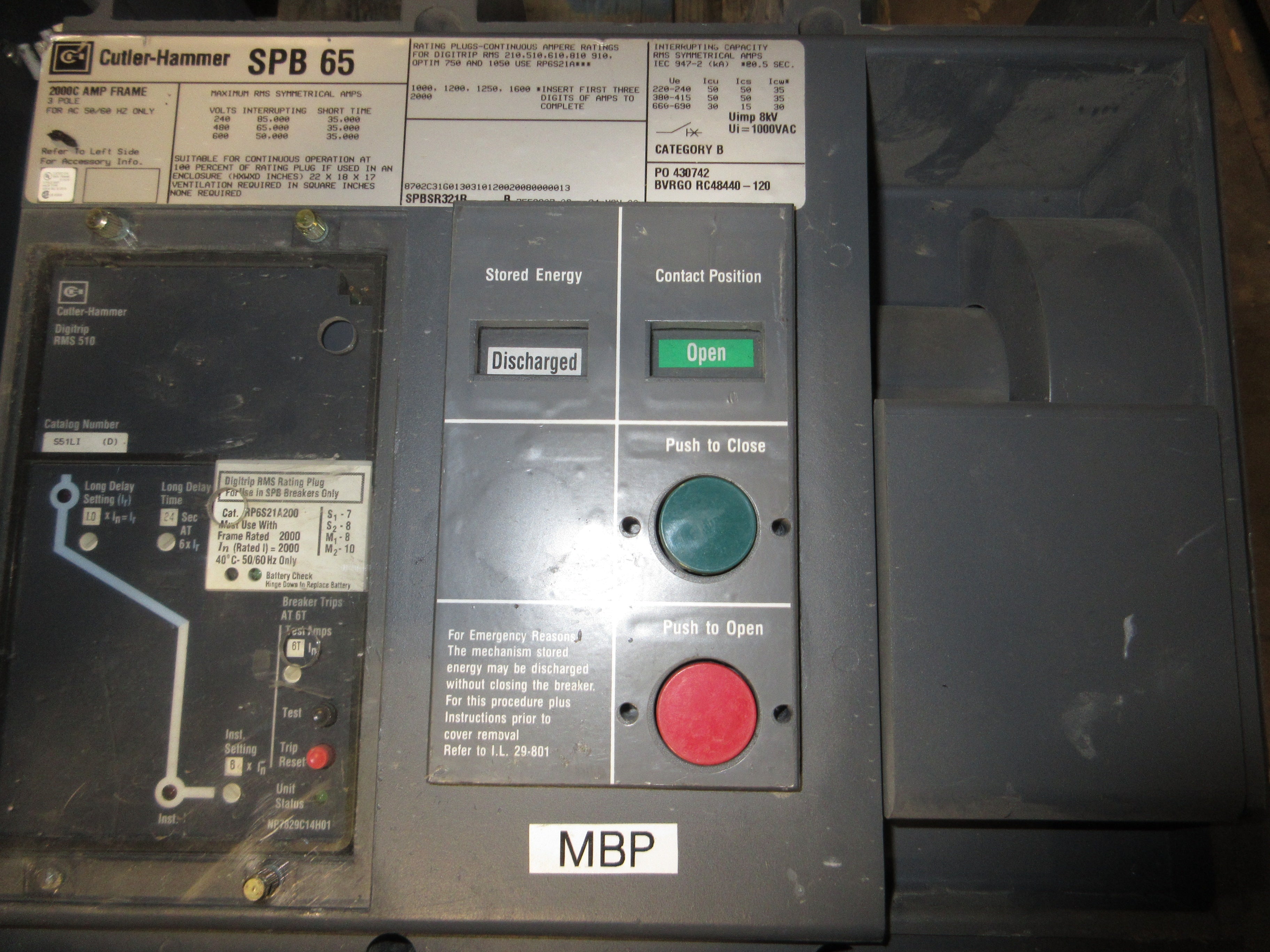 Cutler-Hammer Circuit Breaker SPB 65 2000C Amp Frame 2000A Rating Plug 600V Used