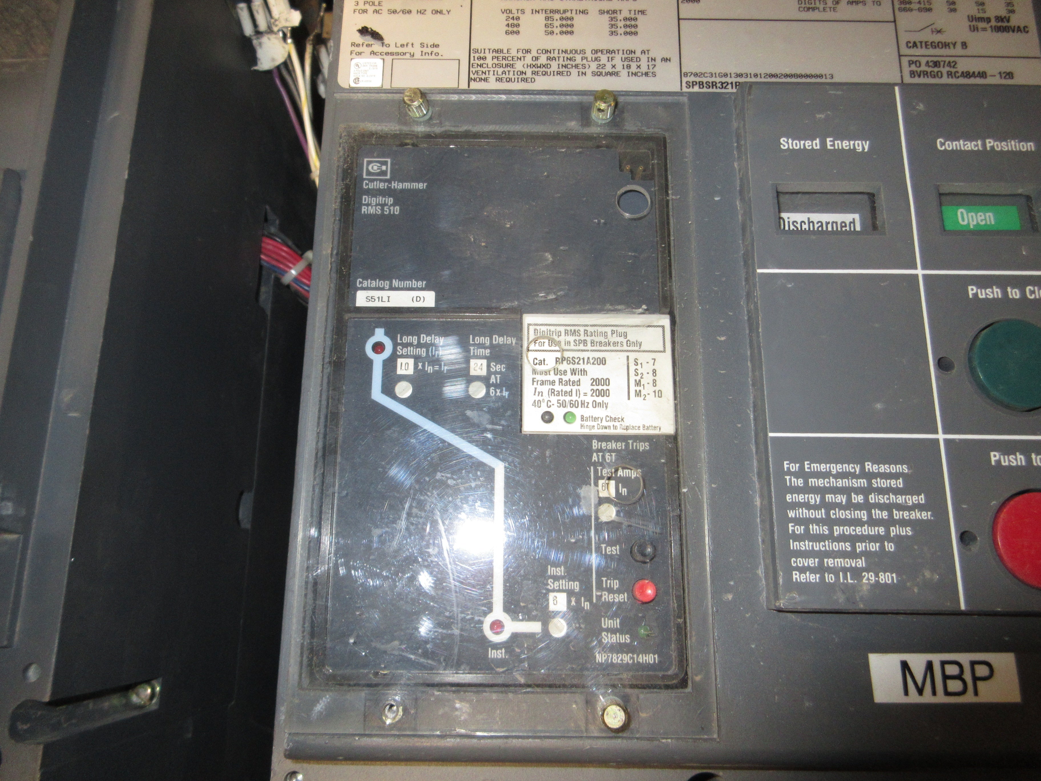 Cutler-Hammer Circuit Breaker SPB 65 2000C Amp Frame 2000A Rating Plug 600V Used