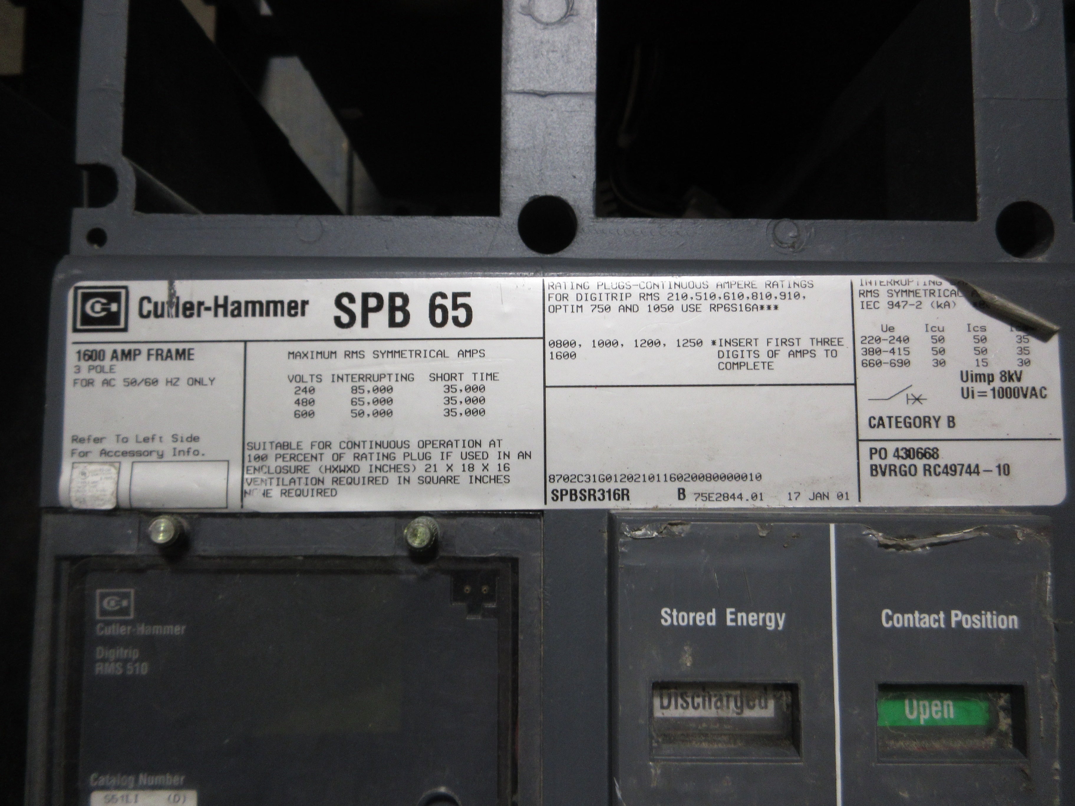 Cutler-Hammer Circuit Breaker SPB 65 1600C Amp Frame 1600A Rating Plug 600V Used