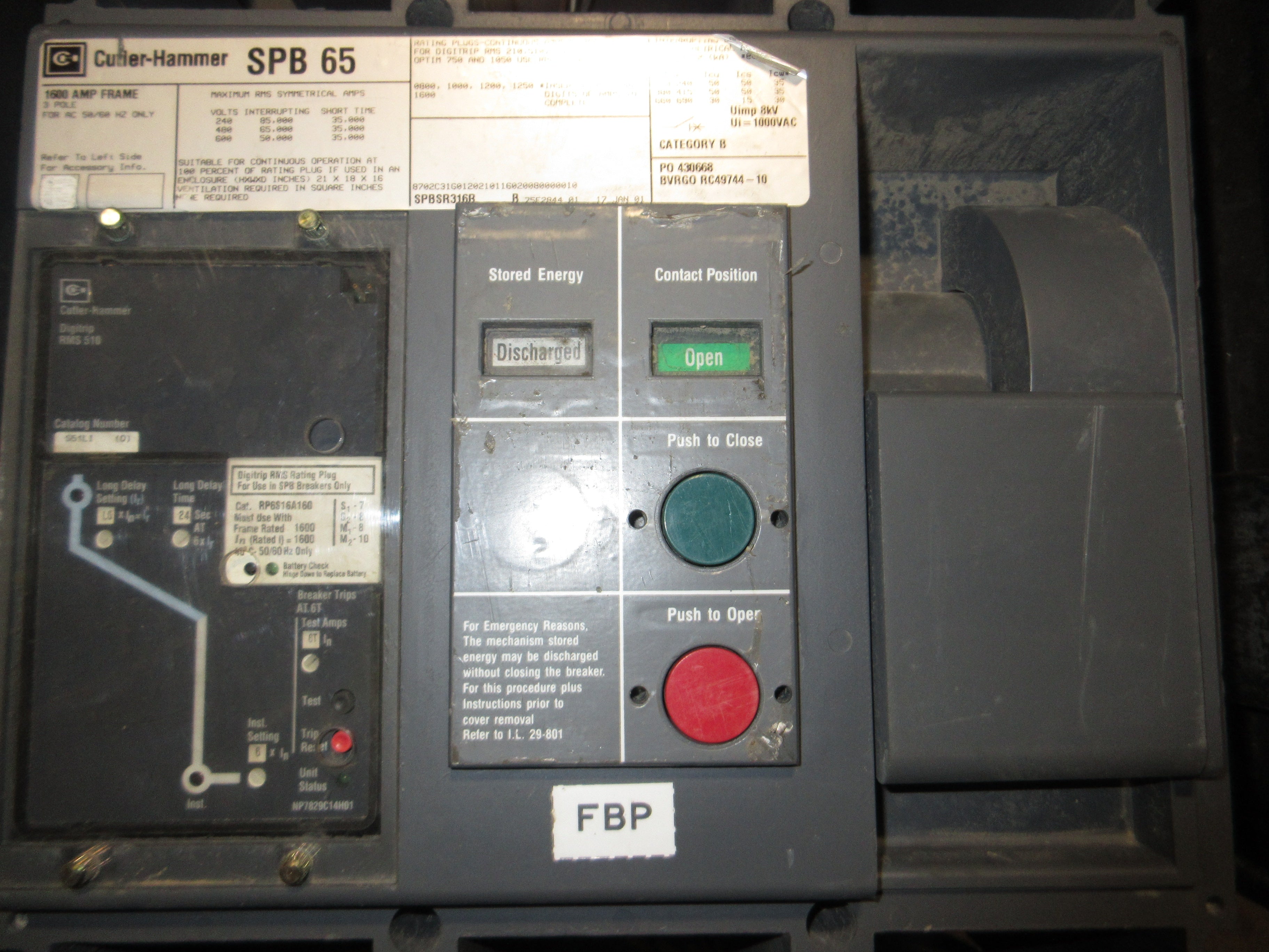 Cutler-Hammer Circuit Breaker SPB 65 1600C Amp Frame 1600A Rating Plug 600V Used