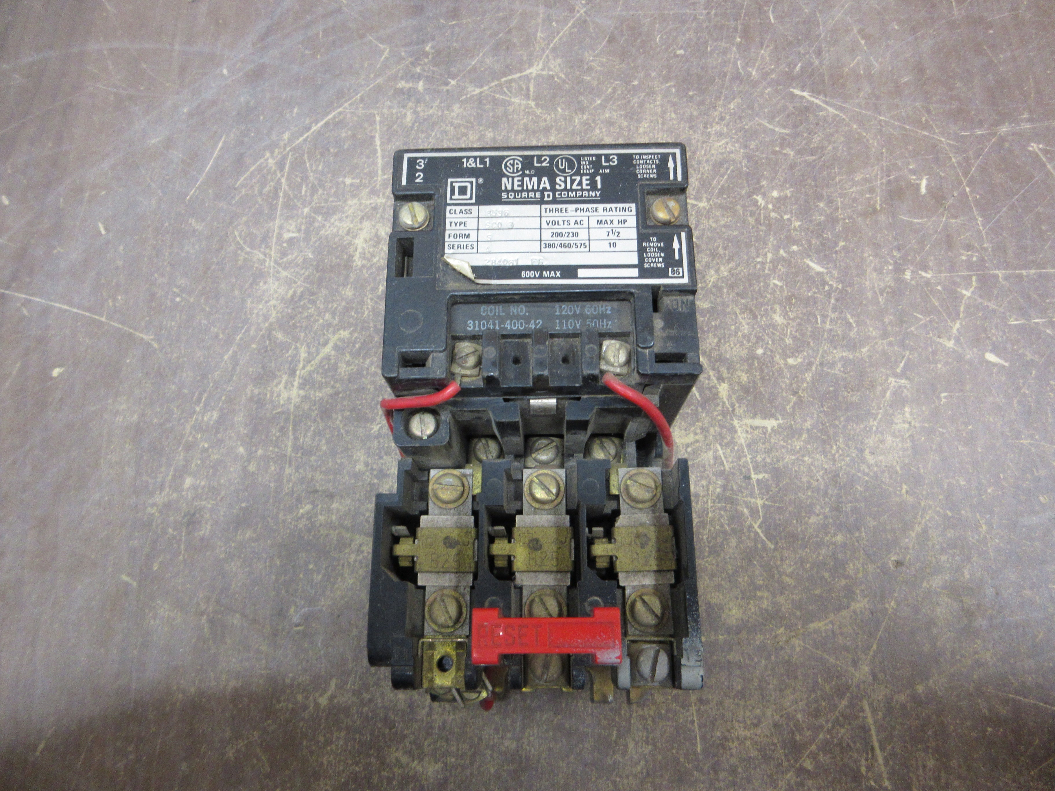 Square D Size 1 Starter 8536 SCO 3 Ser. A 120V Coil Used