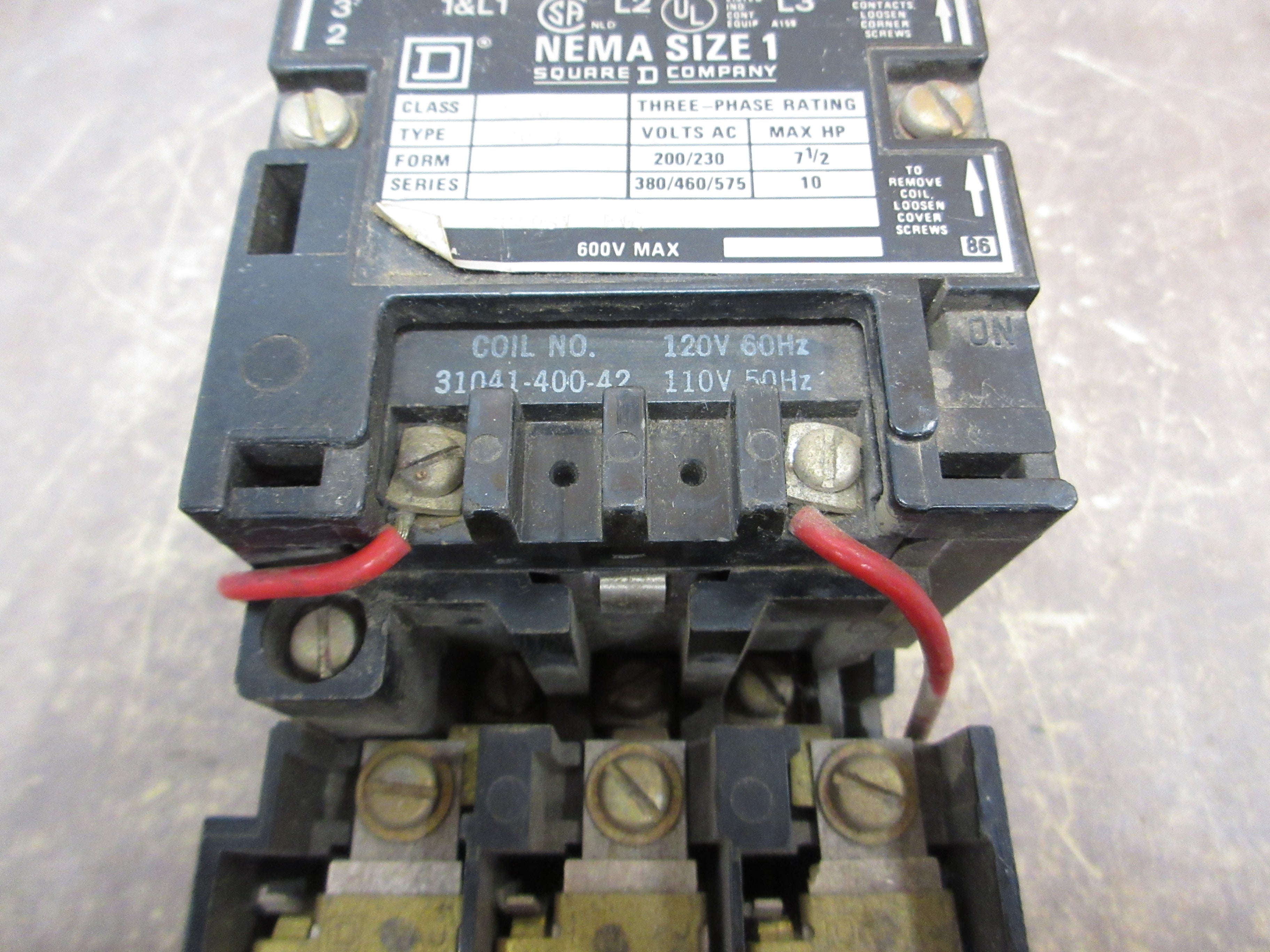 Square D Size 1 Starter 8536 SCO 3 Ser. A 120V Coil Used