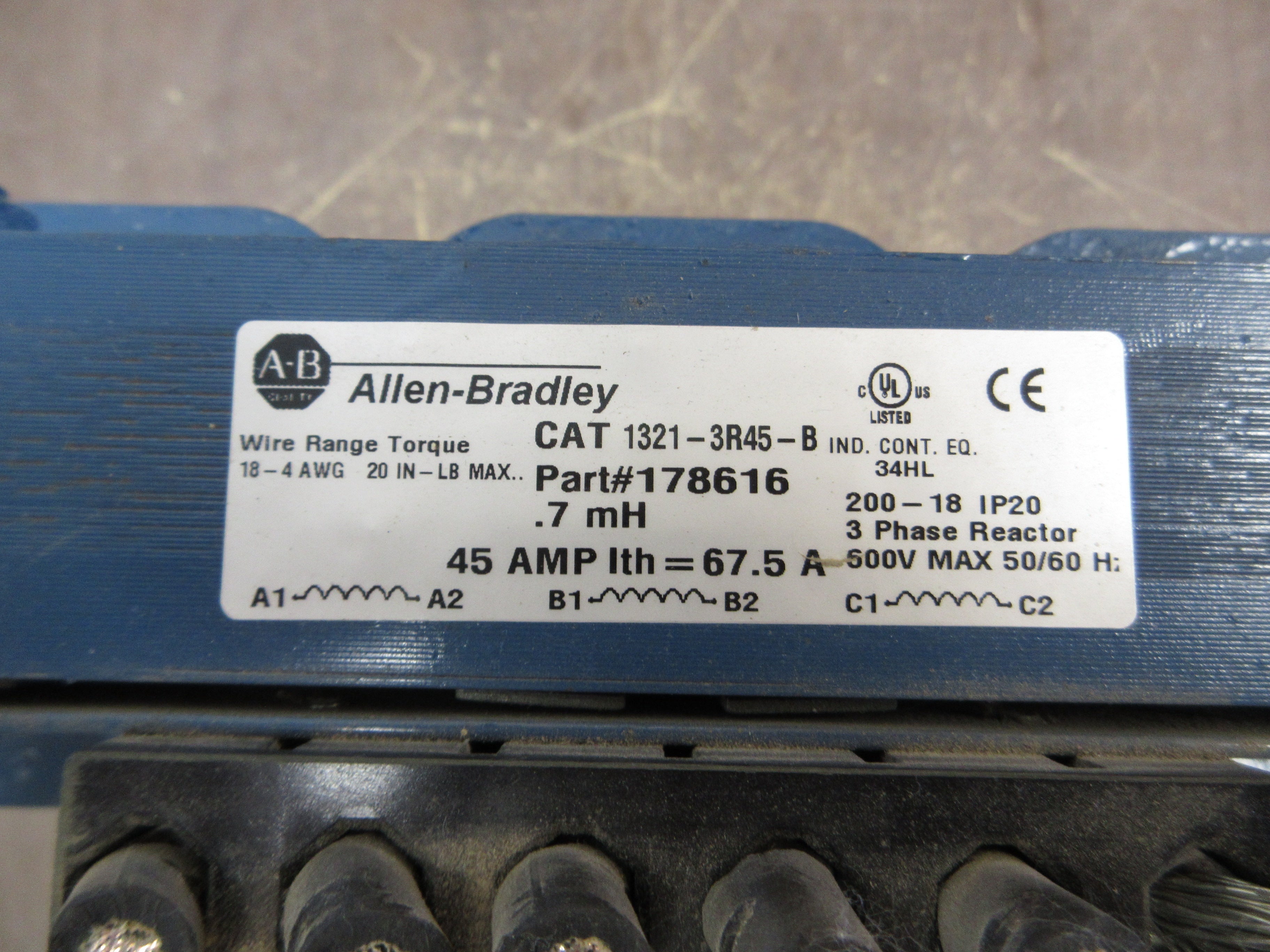 Allen-Bradley 1321-3R45-B Line Reactor 178616 0.7mH 45A 3Ph 600V 50/60Hz Used