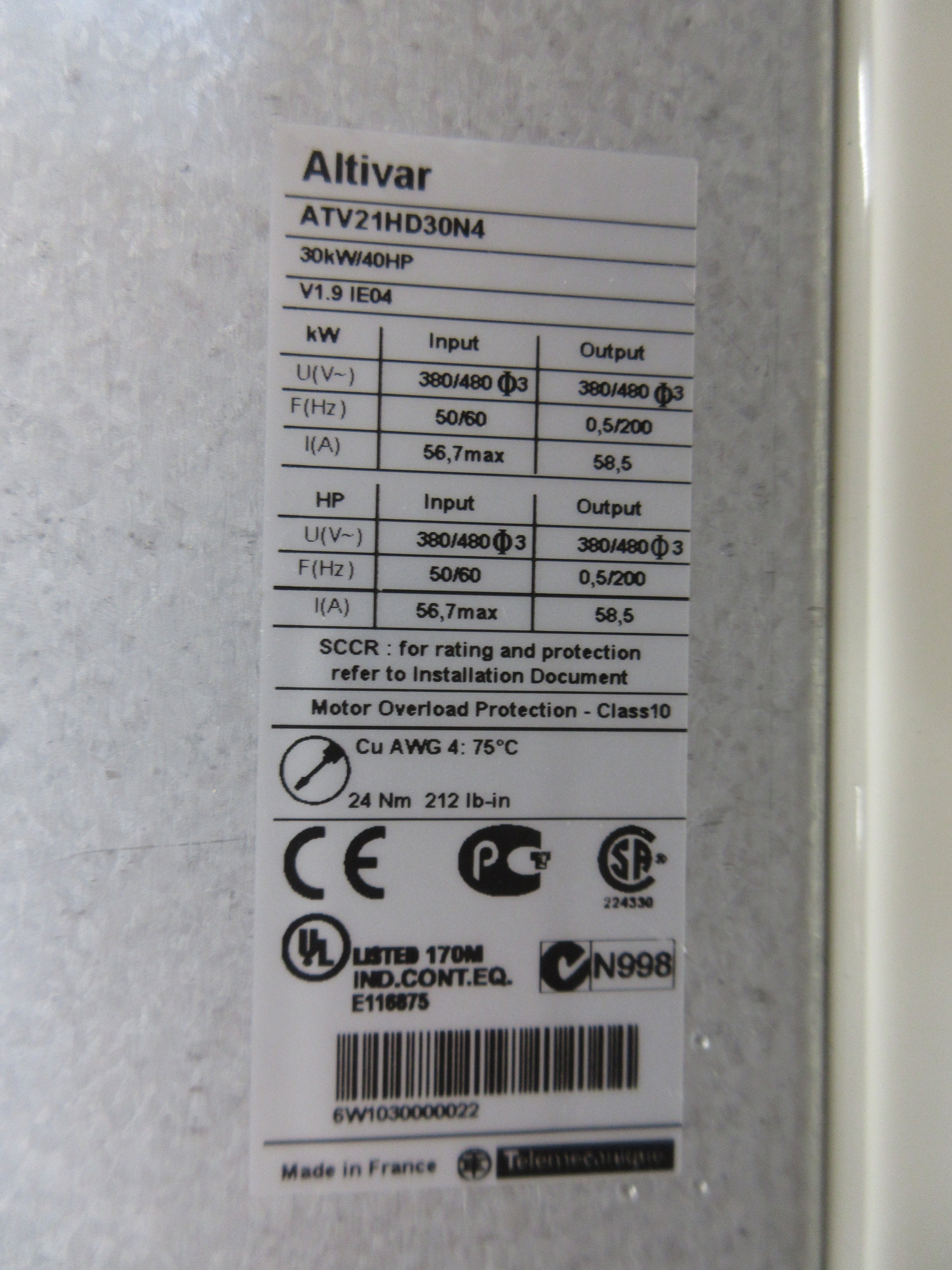 Schneider Electric Altivar AC Drive ATV21HD30N4 40HP 3Ph Open Chassis Used