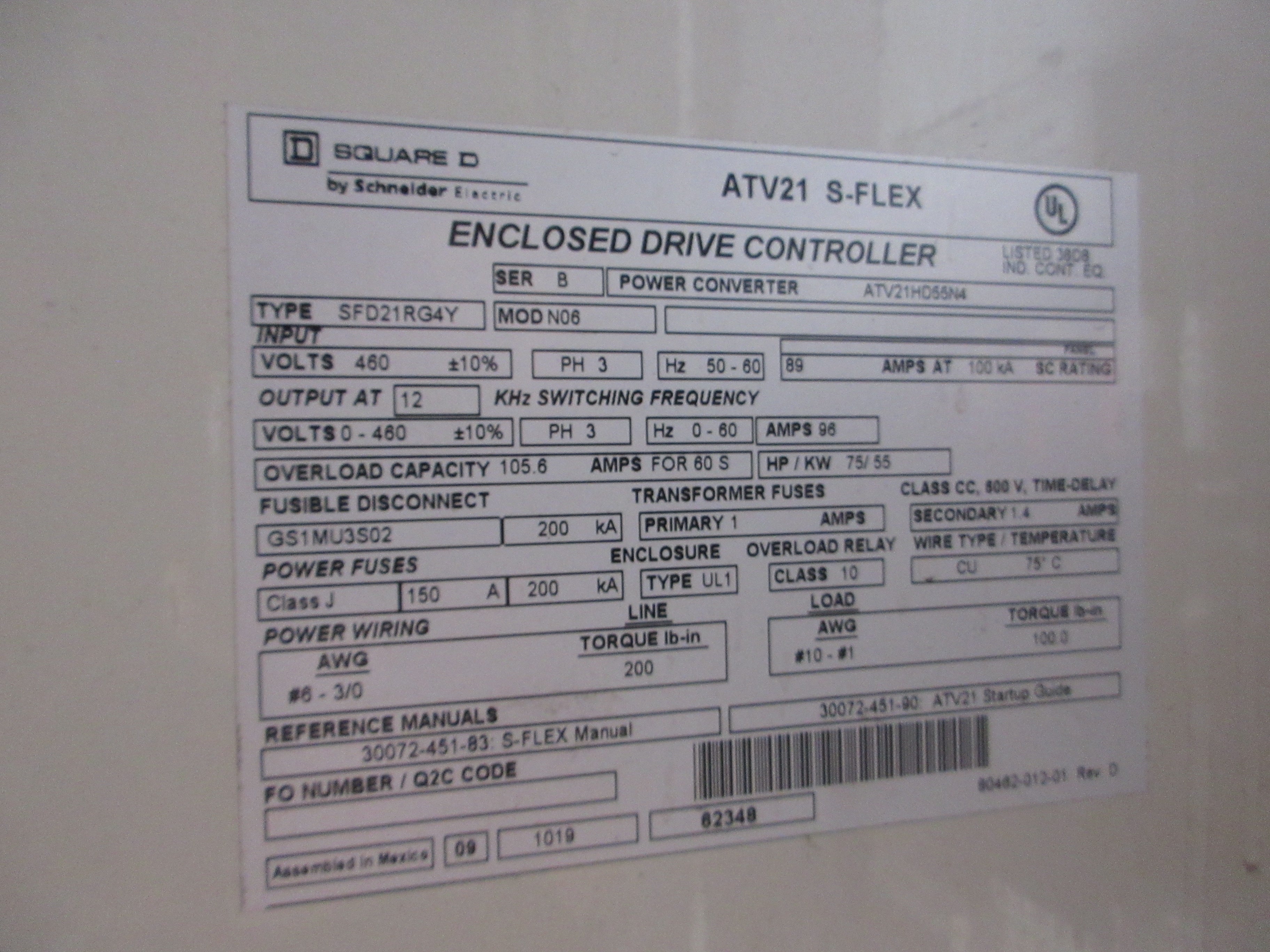 Square D ATV21 S-Flex AC Drive w/ Bypass ATV21HD55N4 Type: SFD21RG4Y Mod: N06