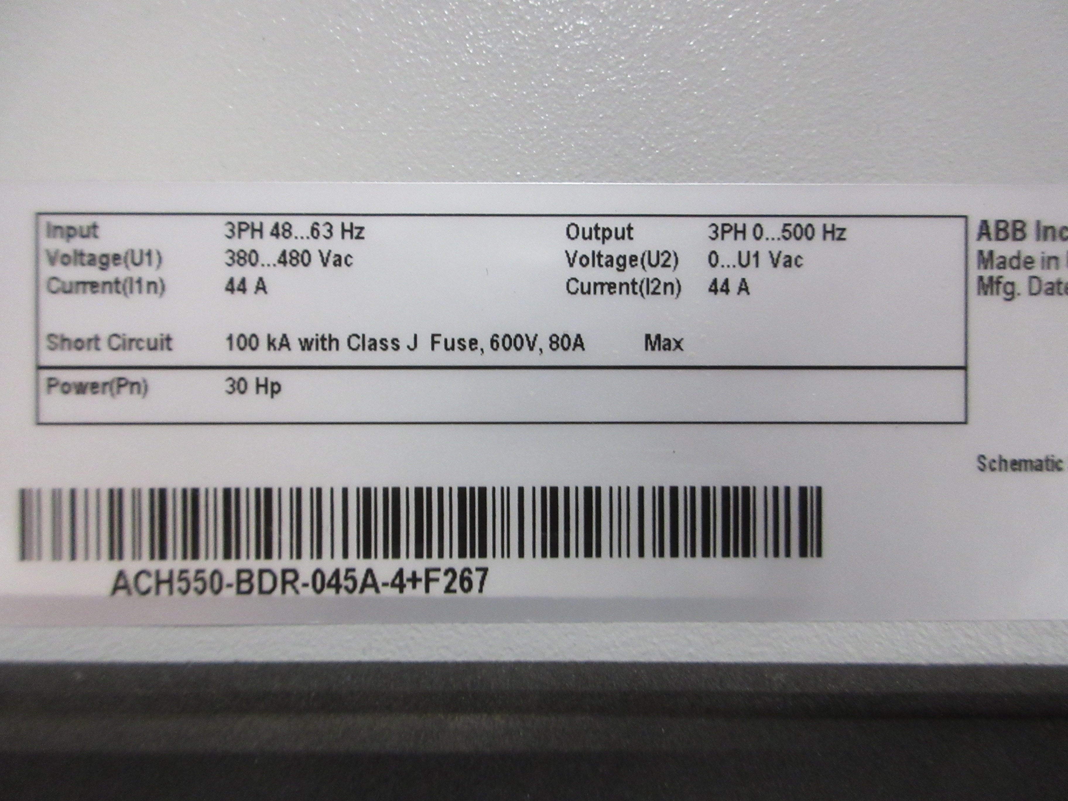 ABB ACH550 AC Drive w/ Bypass ACH550-BDR-045A-4+F267 30HP 3Ph w/ Keypad Used