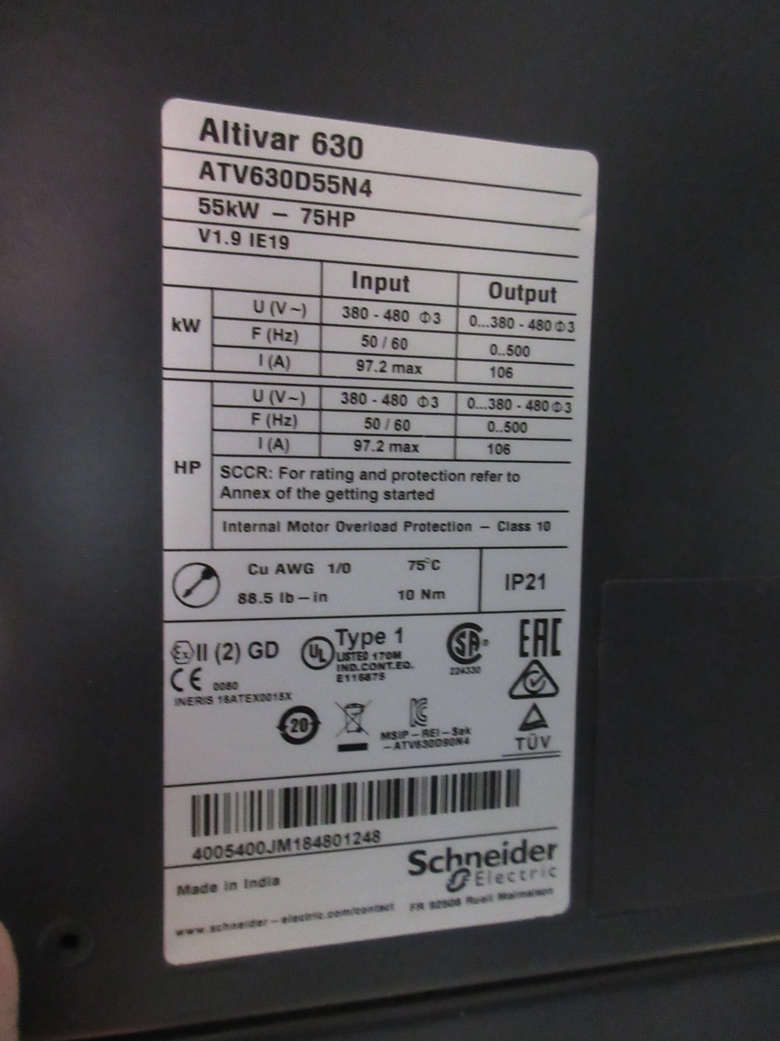 Schneider Electric Altivar 630 AC Drive ATV630D55N4 75HP 3Ph w/ Keypad Used