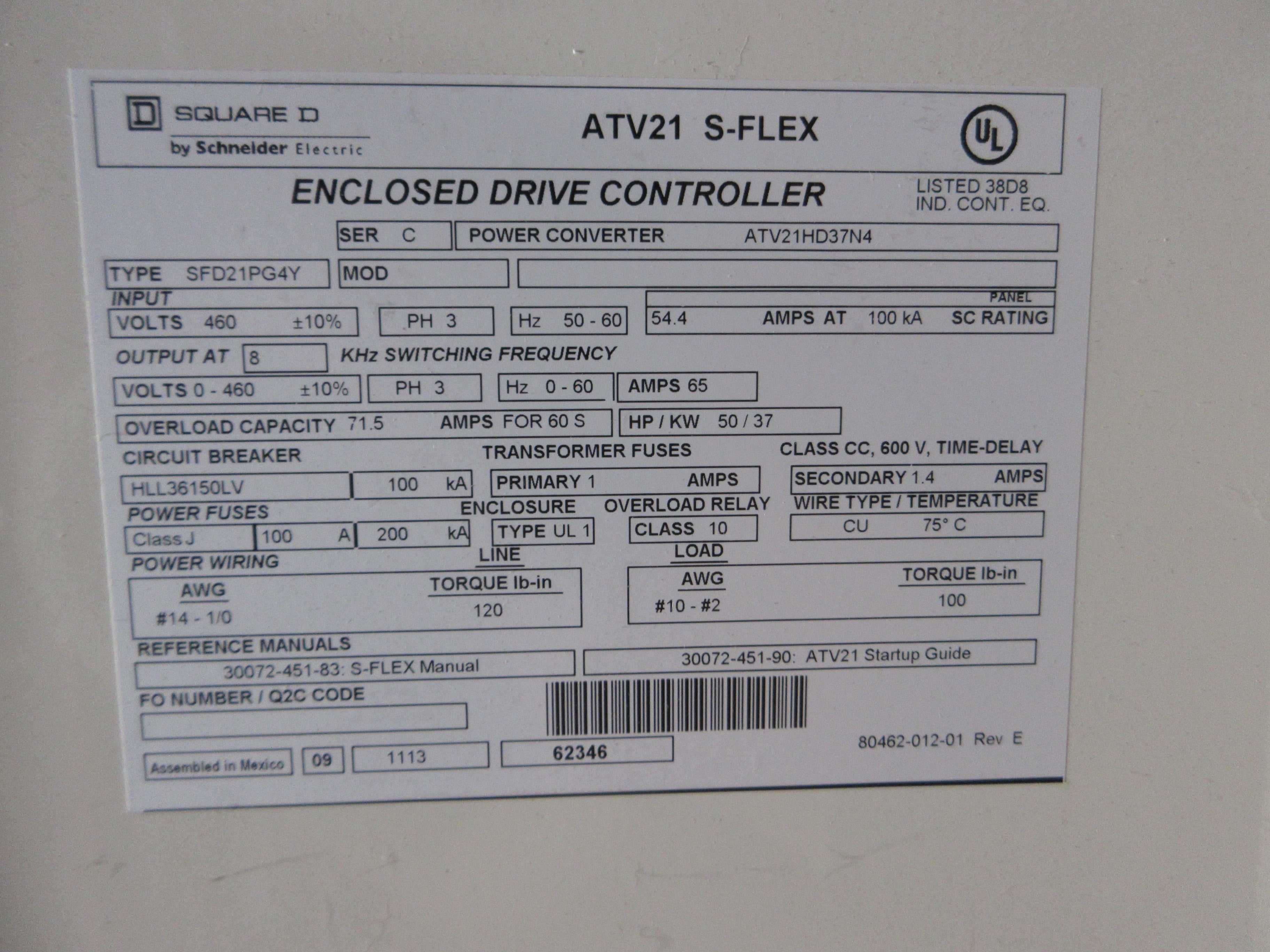 Square D ATV21 S-Flex AC Drive w/ Bypass ATV21HD37N4 Type: SFD21PG4Y 50HP Used