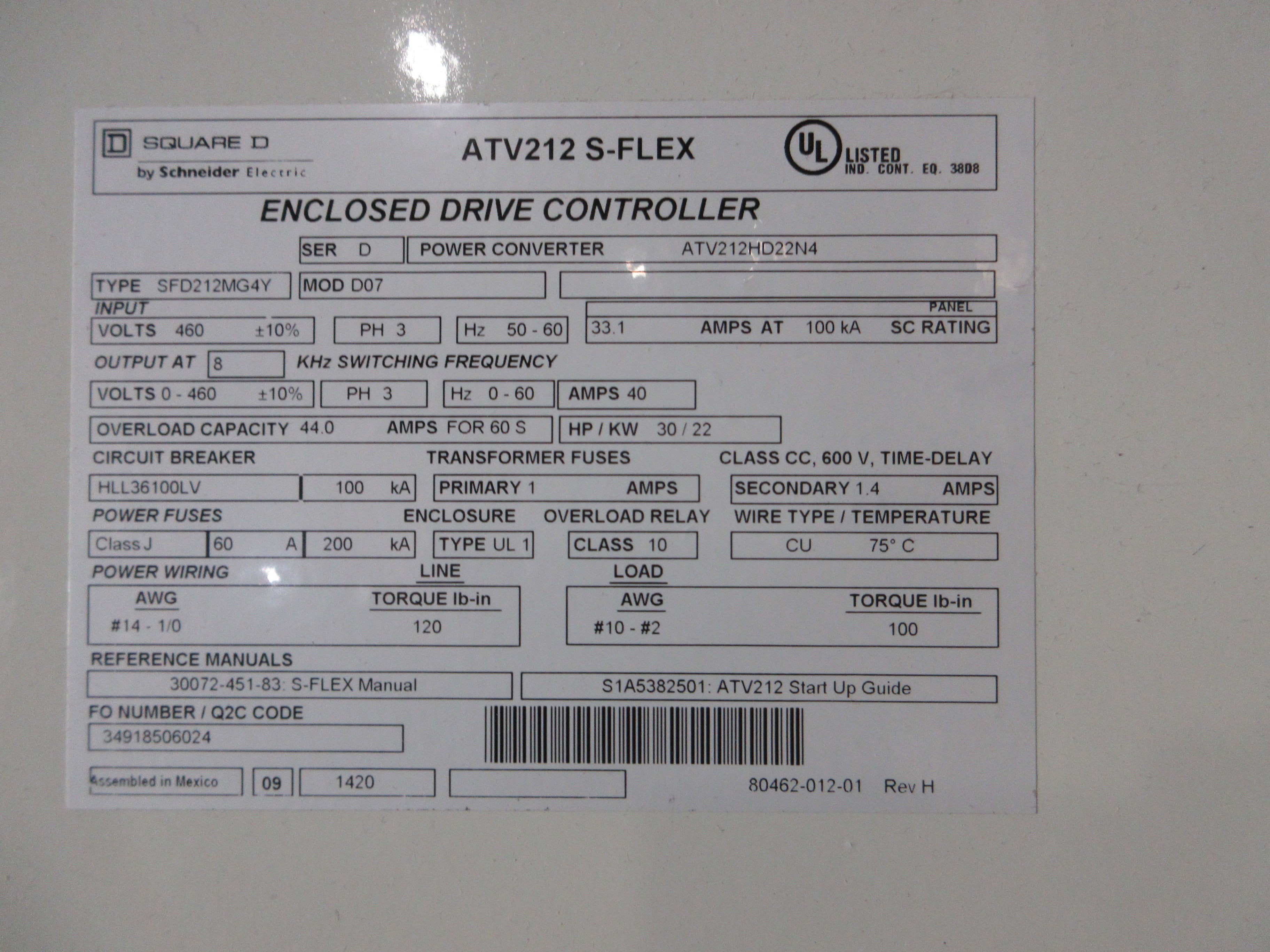 Square D ATV212 S-Flex AC Drive w/ Bypass ATV212HD22N4 Type: SFD212MG4Y Mod: D07