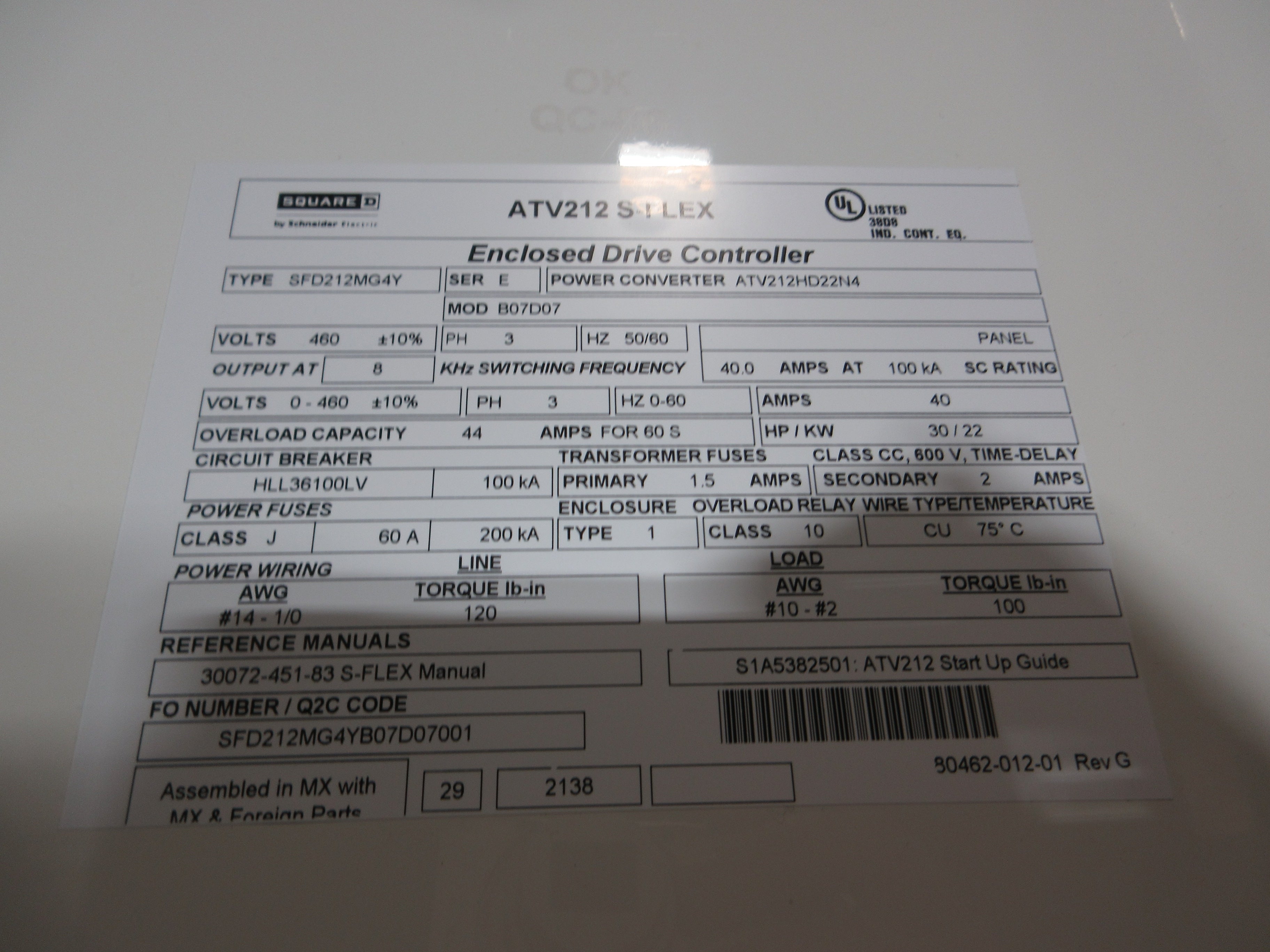 Square D ATV212 S-Flex AC Drive w/ Bypass ATV212HD22N4 Type: SFD212MG4Y Used
