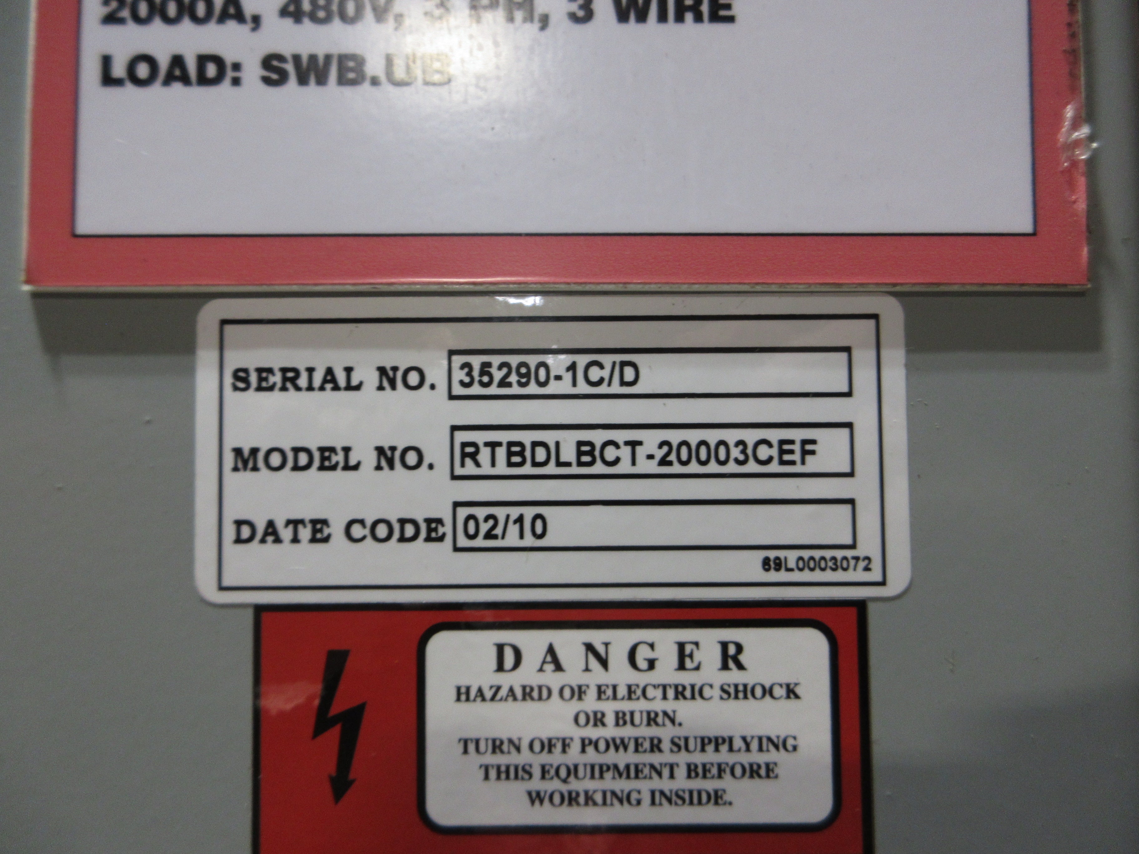 Russelectric Automatic Transfer Switch w/ Bypass RTBDLBCT-20003CEF 2000A 480V
