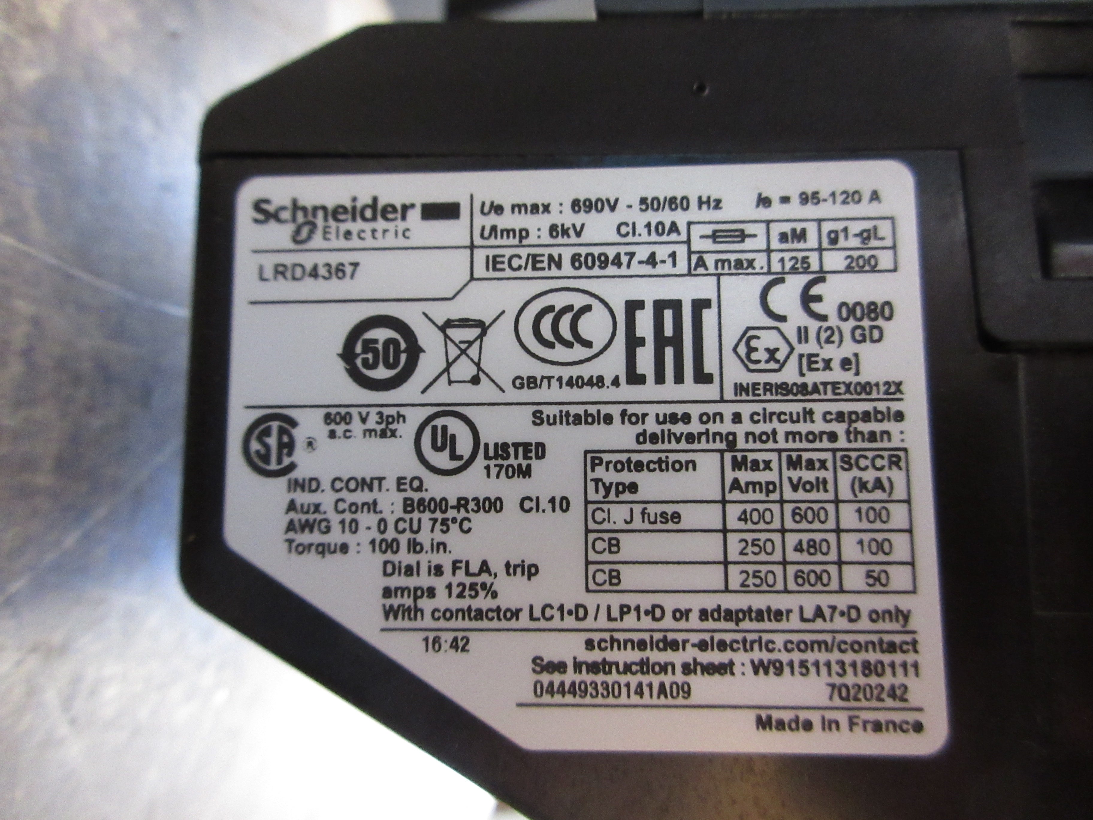 Schneider Electric Reversing Starter LC1D150/LRD4367 120V Coil Trip: 95-120A