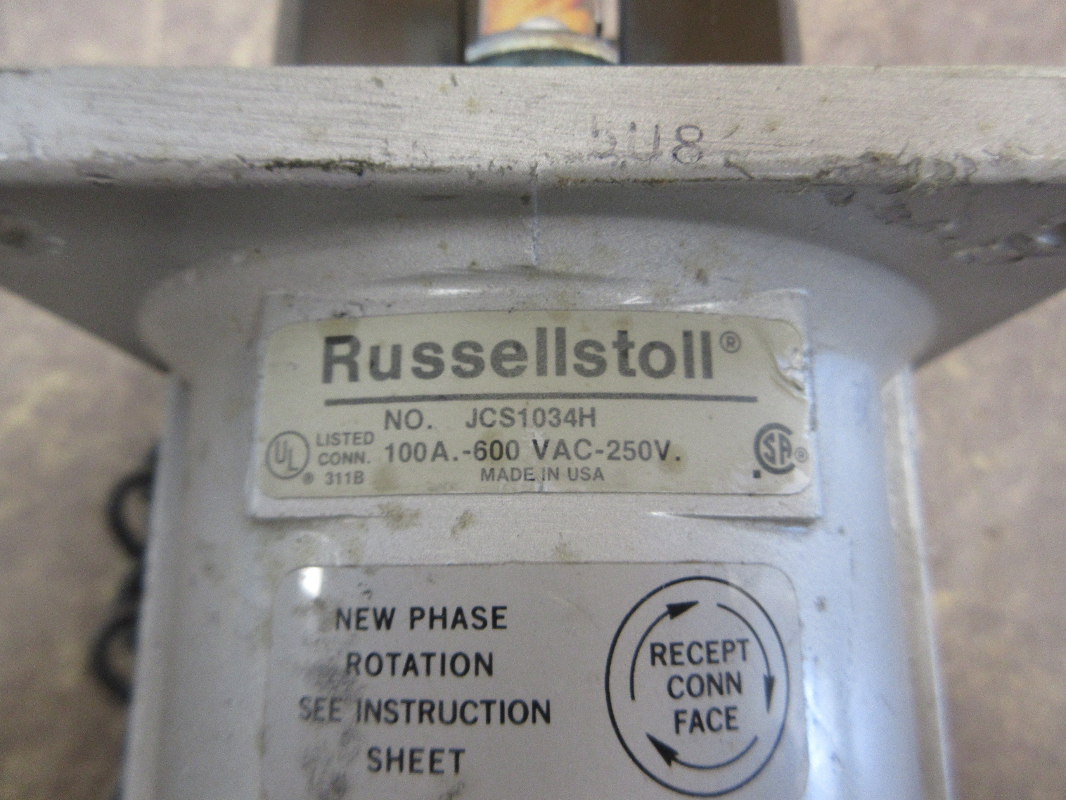 Russellstoll Receptacle JCS1034H 100A 600V 3P 4W w/ Cover Used