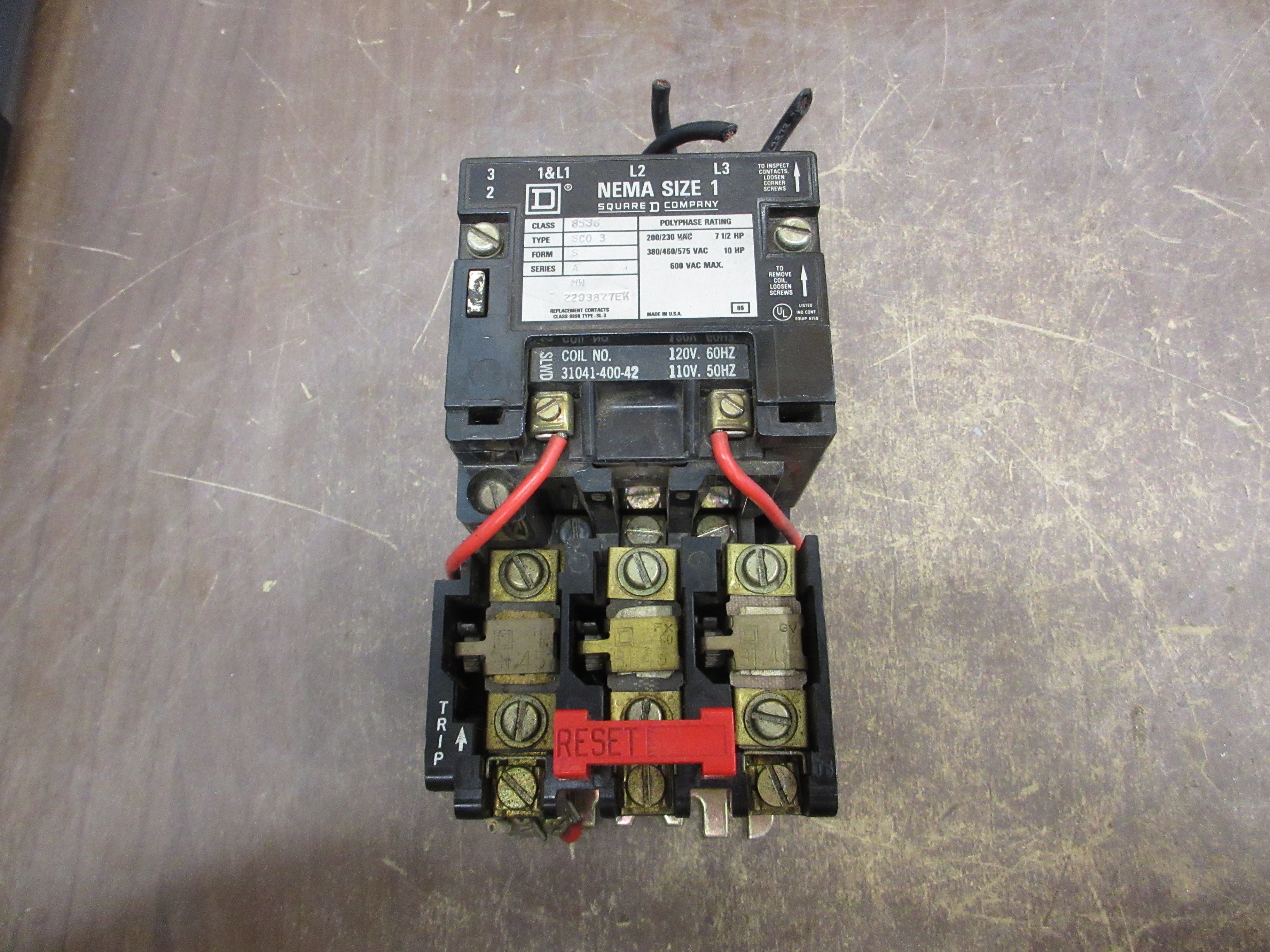 Square D Size 1 Starter 8536 SC0 3 Ser. A 120V Coil Used