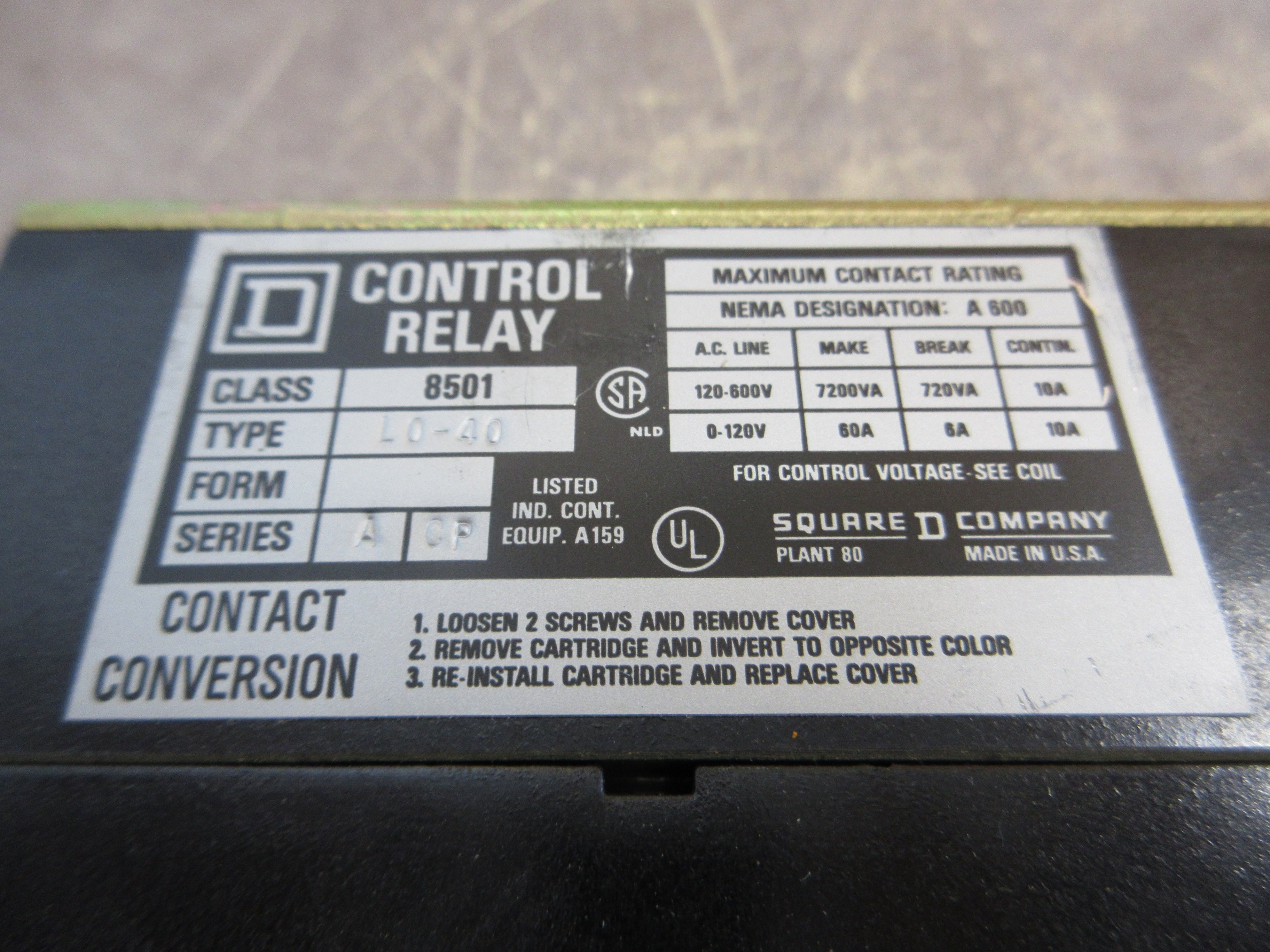 Square D Control Relay 8501 L0-40 Ser. A 120V Coil 8P 10A 600V Used