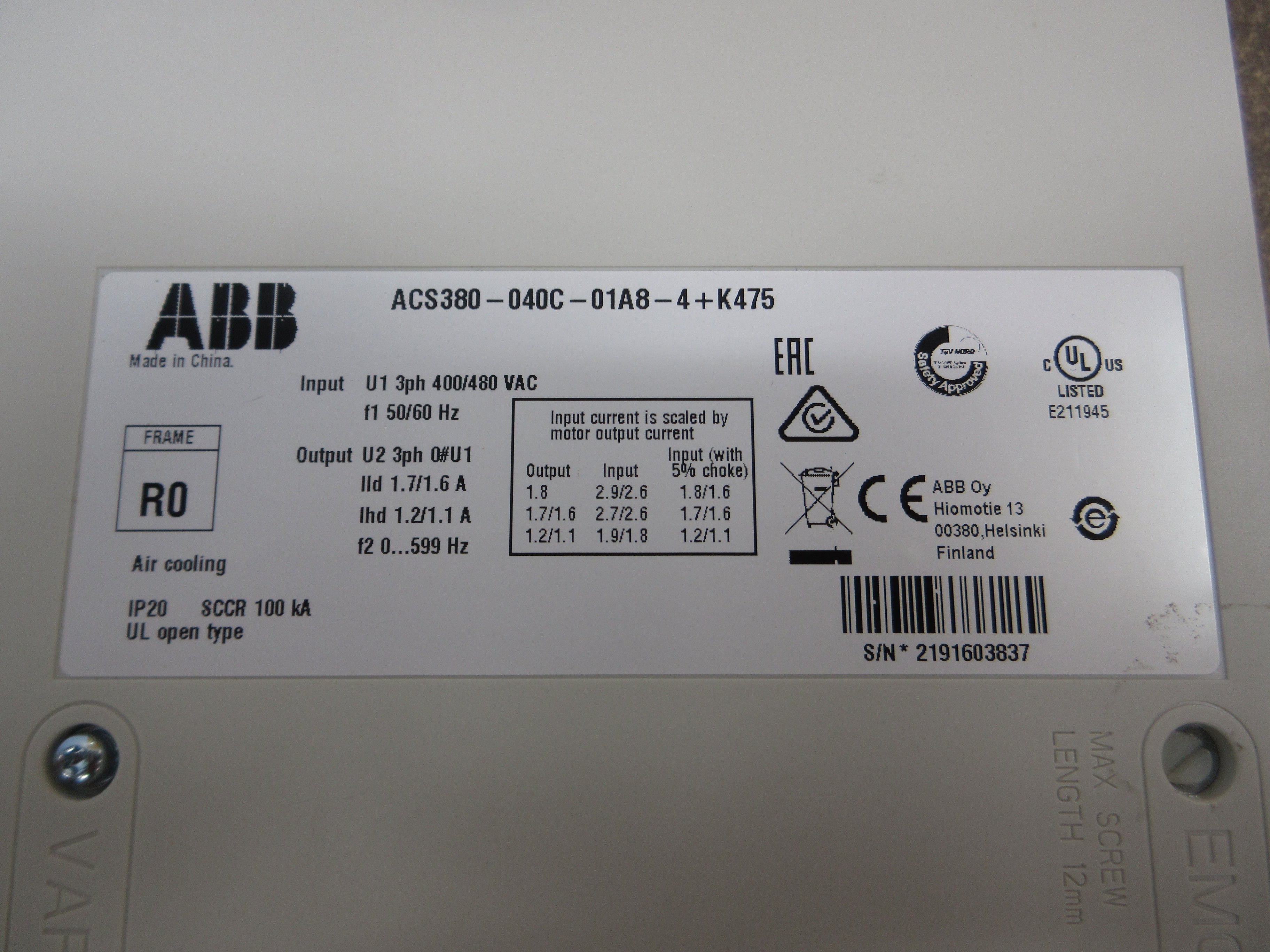 ABB ACS380 AC Drive ACS380-040C-01A8-4+K475 0.75HP 3Ph Used