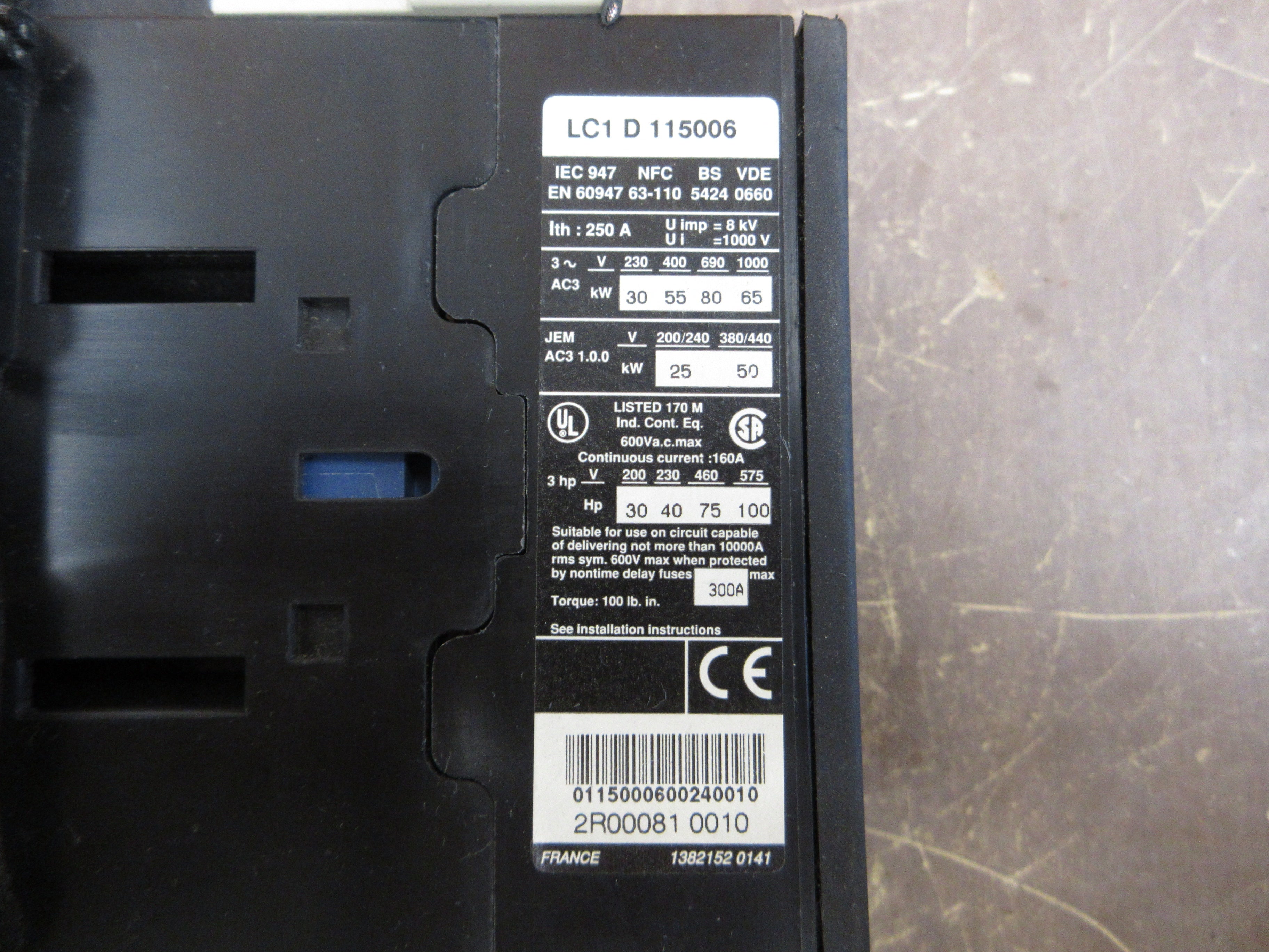 Telemecanique Contactor LC1D115006 24V Coil 160A 600V Used