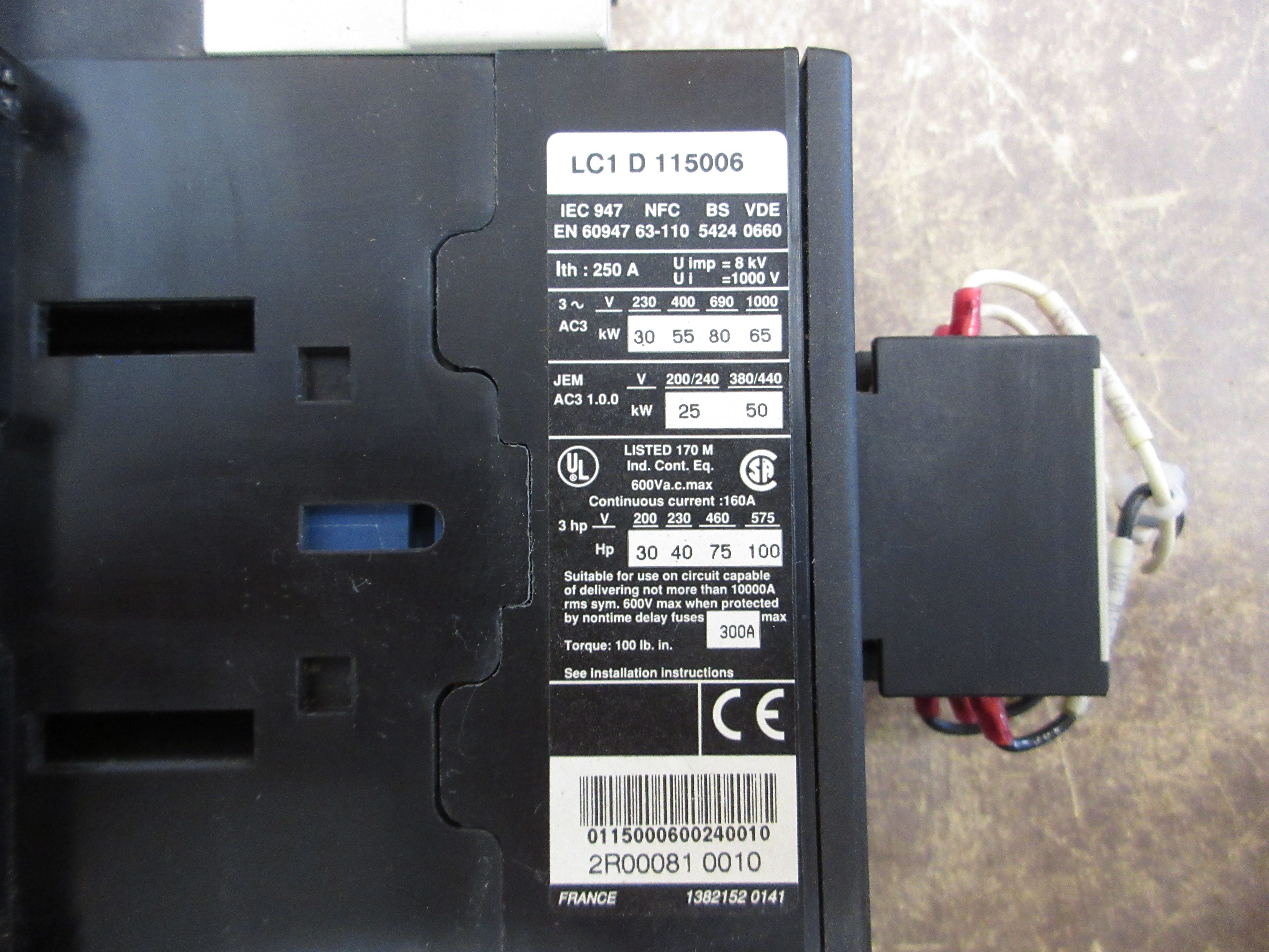 Telemecanique Contactor LC1D115006 24V Coil 160A 600V w/ Aux Contact Block Used