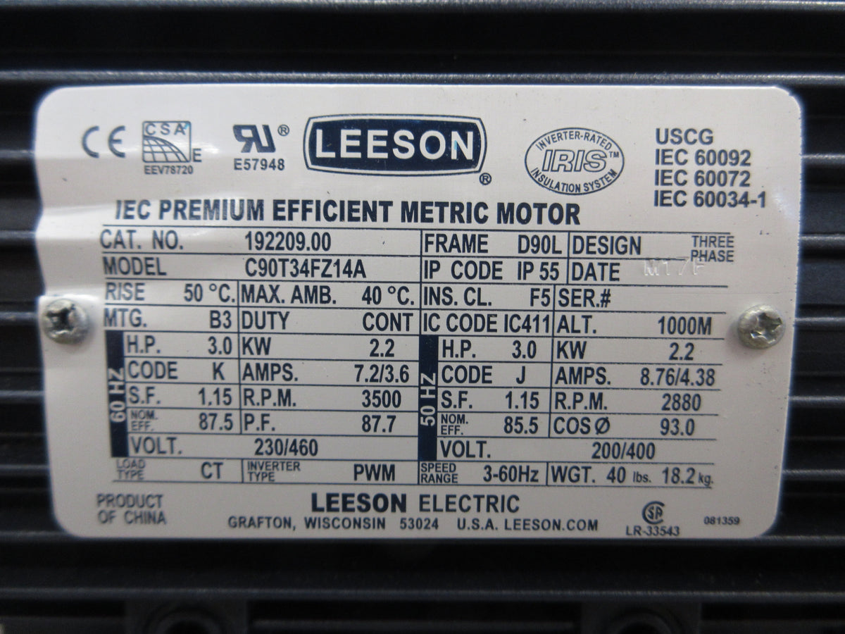 Leeson Metric Motor 192209.00 3HP 7.2/3.6A 3600RPM 230/460V *No Box* New Surplus