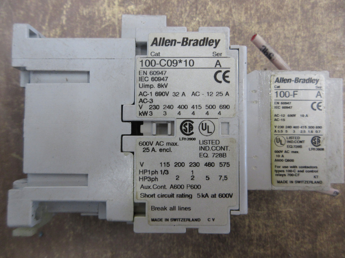 Allen-Bradley Contactor 100-C09*10 120V Coil 25A 600V w/ Aux Contact Block Used