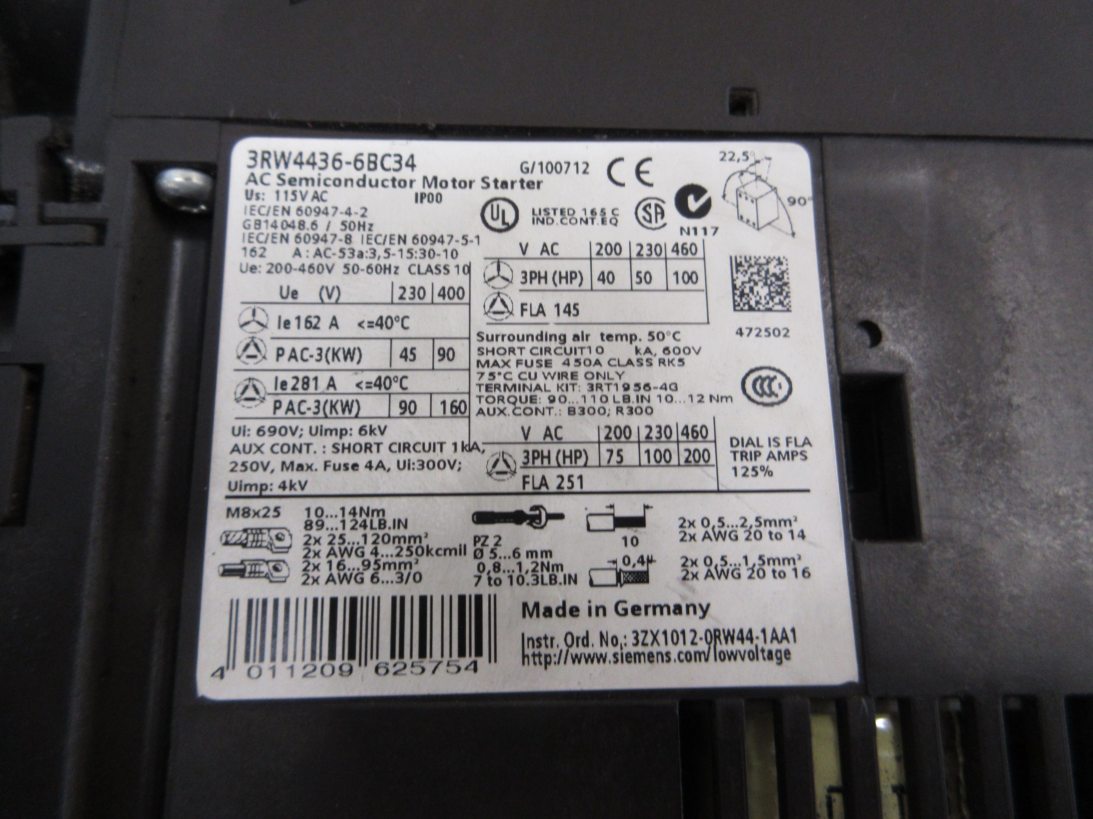 Siemens Sirius Soft Start 3RW4436-6BC34 100HP 200-460V 50/60Hz Used