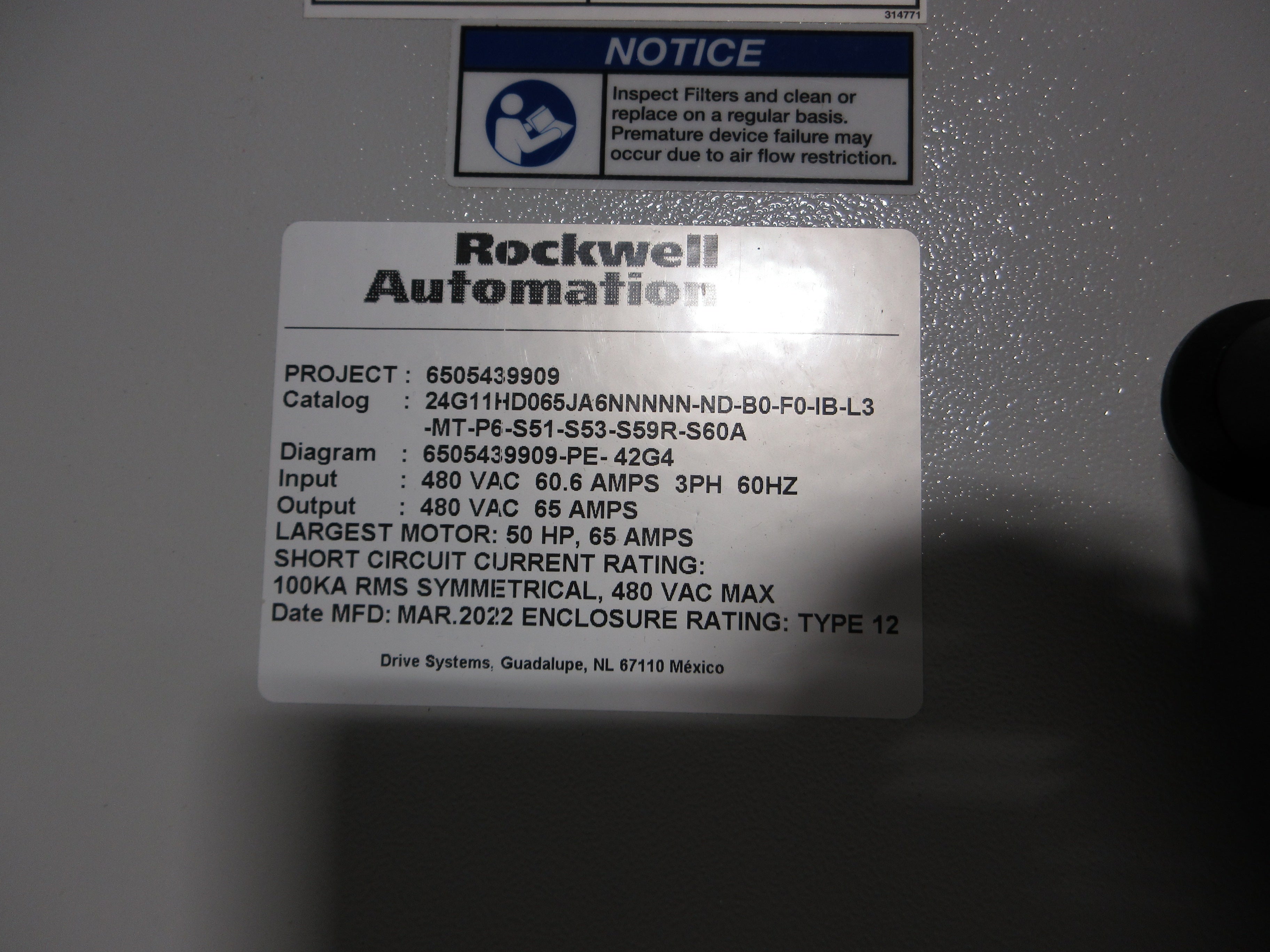 Rockwell Automation PowerFlex 755 AC Drive w/ Disconnect 50HP w/ Keypad Used