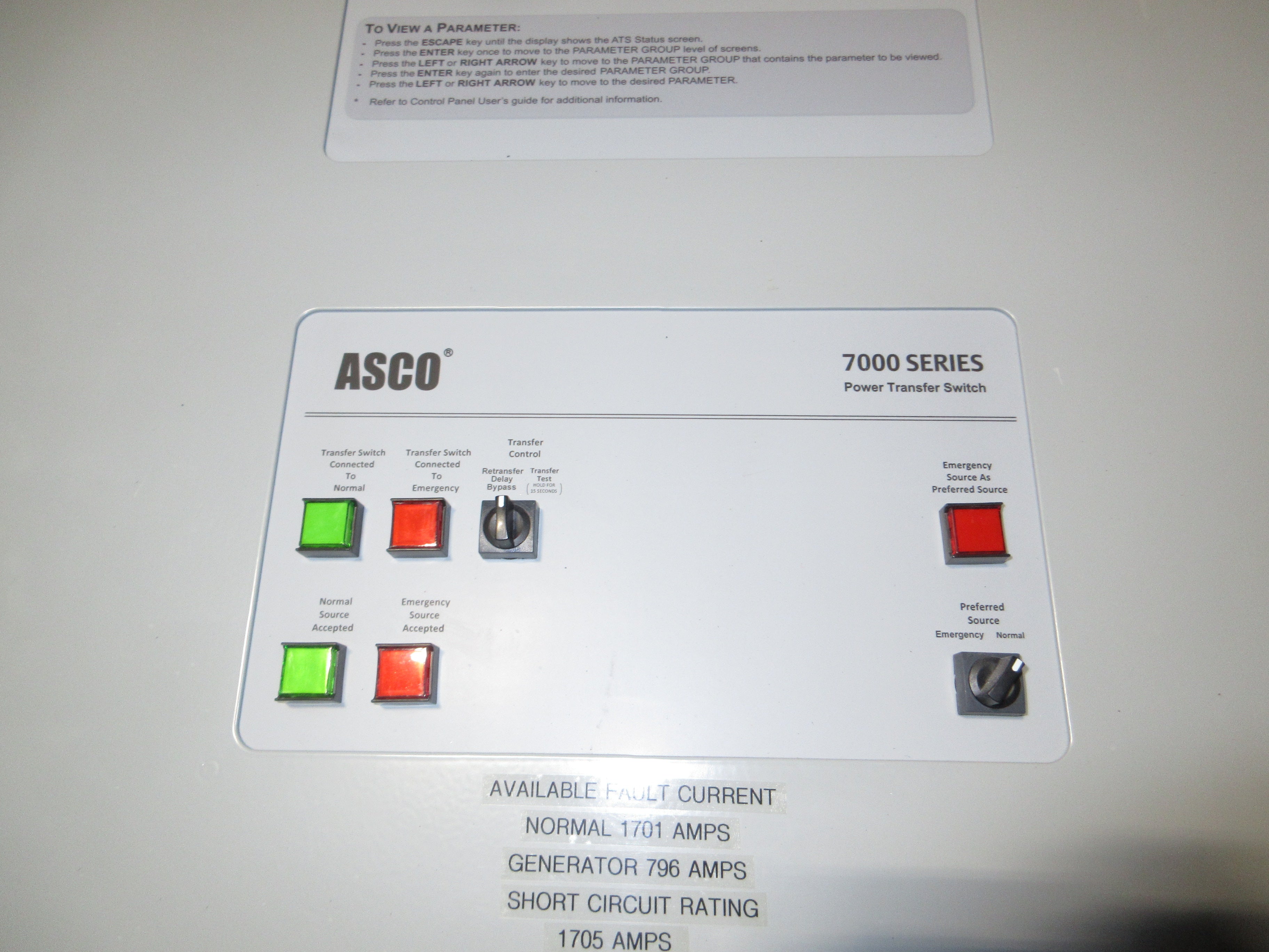 Asco 7000 Series Automatic Transfer Switch J07ATSA30150C5XC 150A 208V 3Ph Used