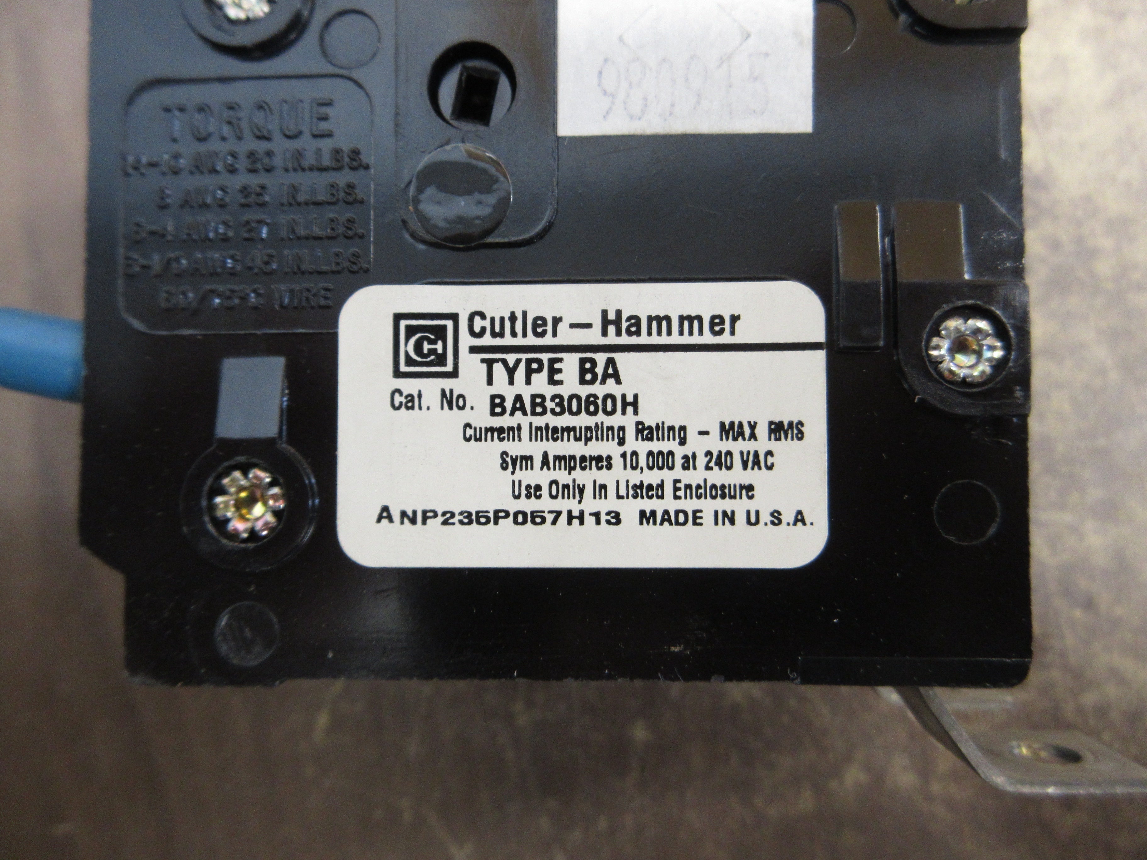 Cutler-Hammer Type BA Bolt-On Circuit Breaker BAB3060H 60A 240V 3P Used