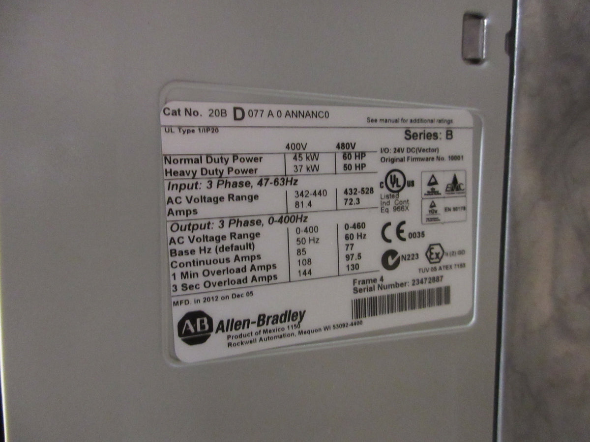Allen-Bradley PowerFlex 700 AC Drive 20BD077A0ANNANC0 Ser. B 60HP 3Ph w/ Keypad