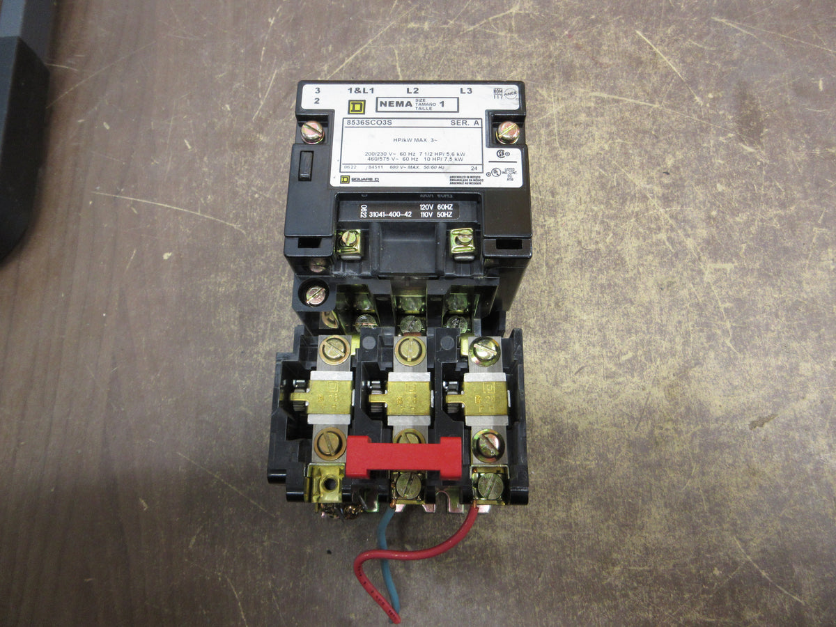 Square D Size 1 Starter 8536SCO3S Ser. A 120V Coil 600V Used