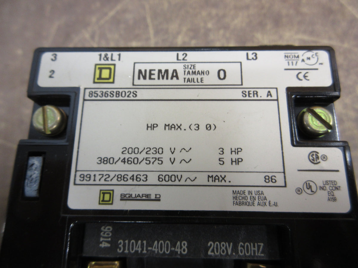 Square D Size 0 Starter 8536SBO2S Ser. A 208V Coil 600V Used