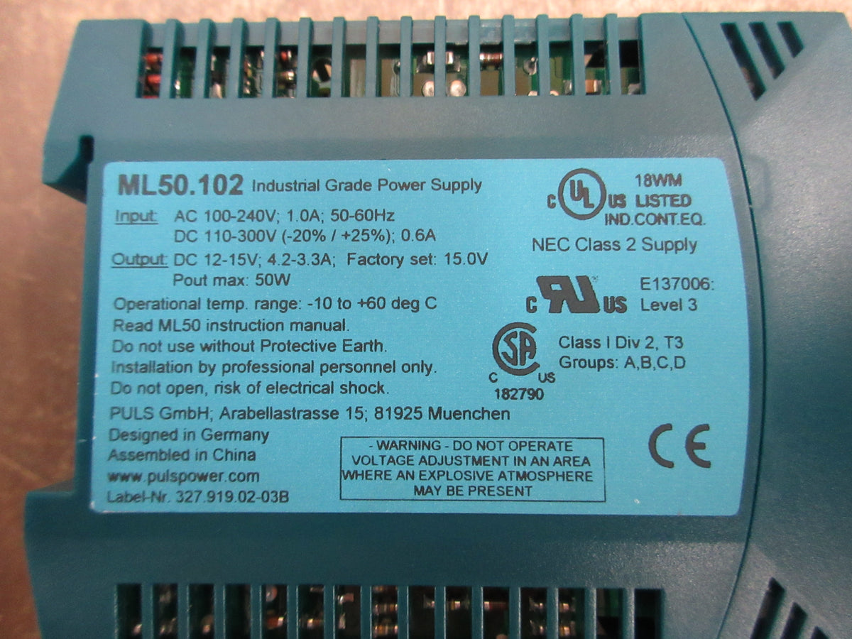 Puls Power Supply ML50.102 50W Output: 12-15VDC, 4.2-3.3A Used