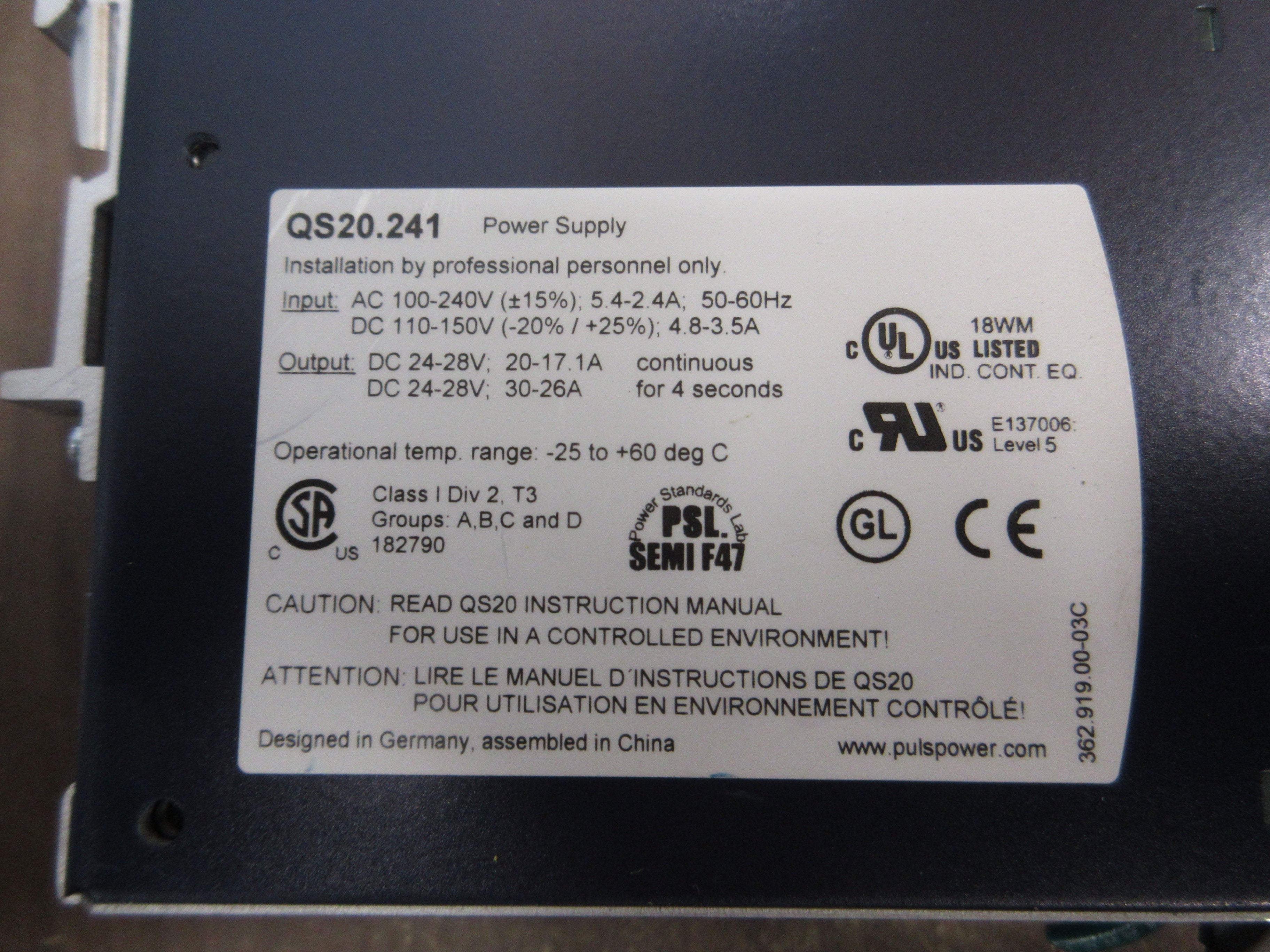 Puls Dimension QS20 Power Supply QS20.241 Used
