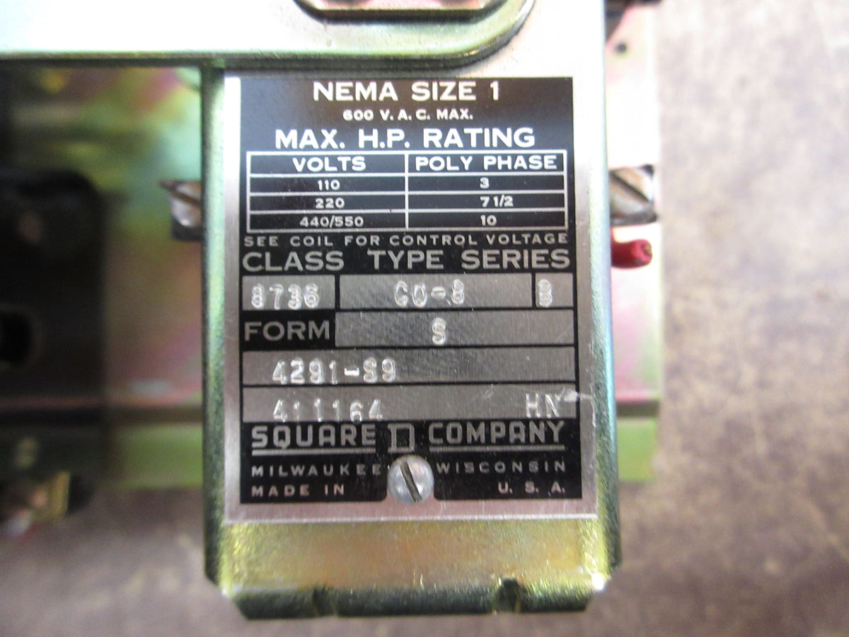 Square D Size 1 Reversing Starter 8736 CO-8 S Ser. B 120V Coil 600V Used
