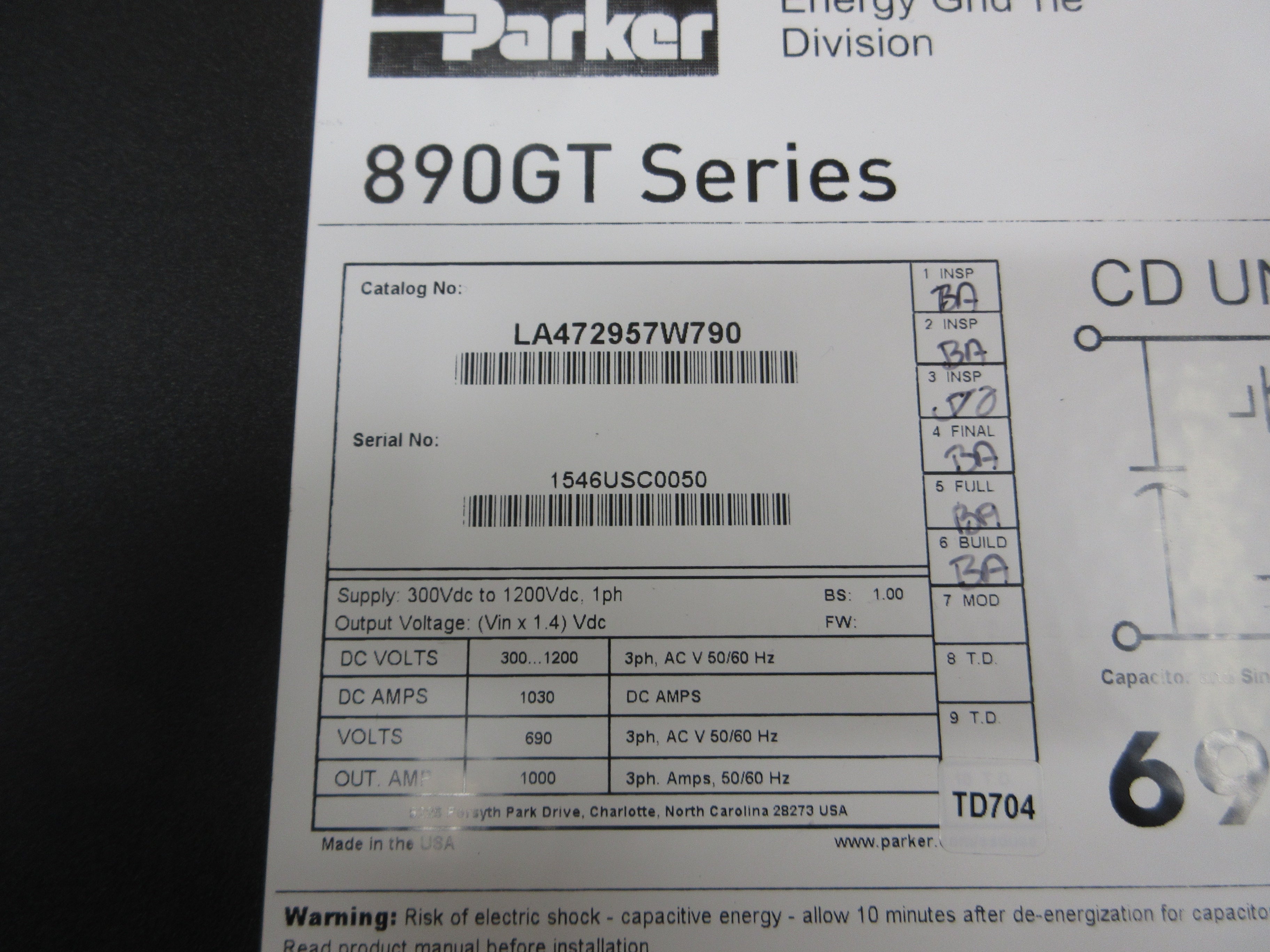 Parker 890GT Phase Module LA472957W790 Supply: 300-1200VDC Used
