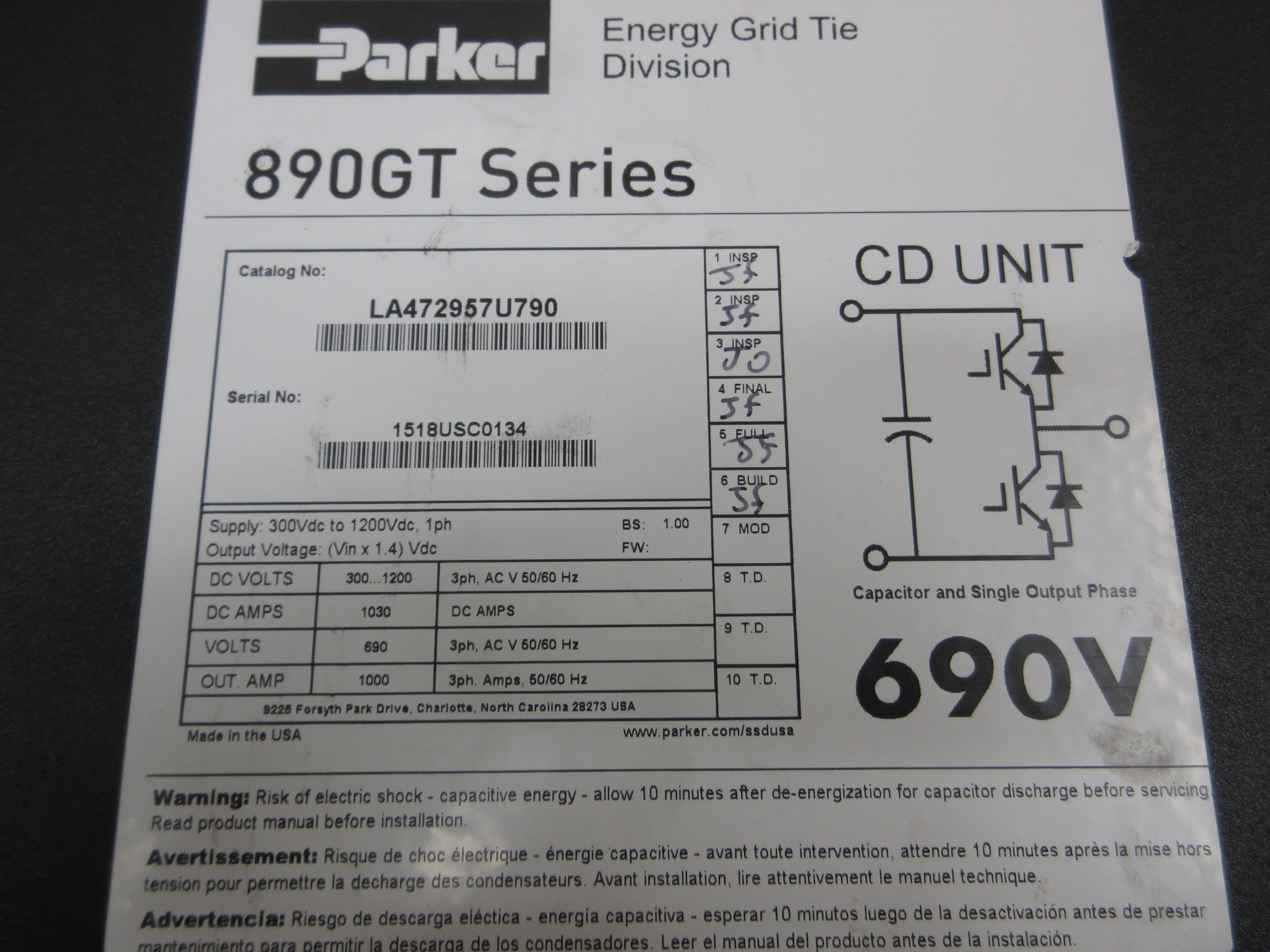 Parker 890GT Phase Module LA472957U790 Supply: 300-1200VDC Used