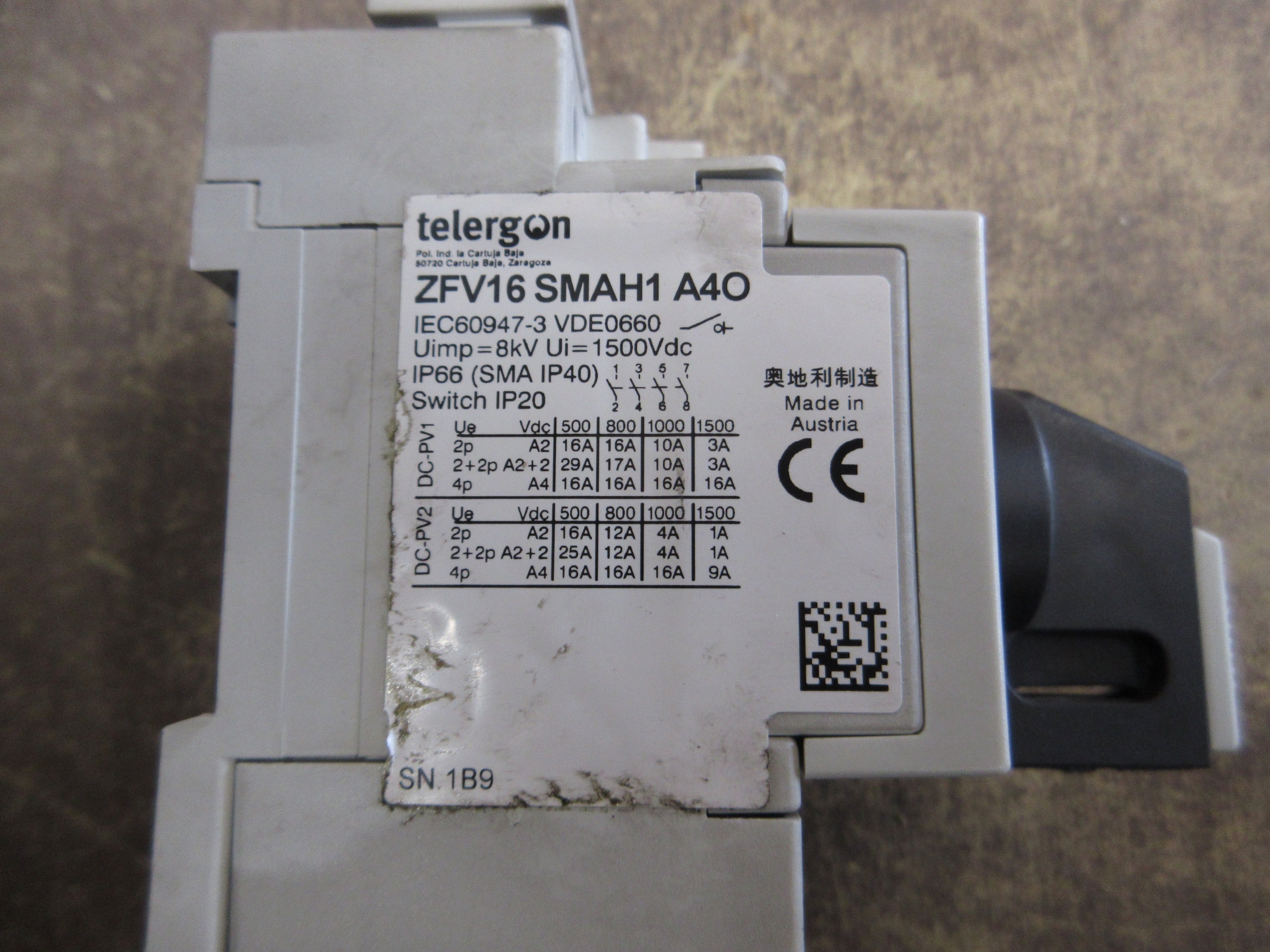 Telergon Disconnect Switch ZFV16 SMAH1 A4O 16A 1500VDC Used