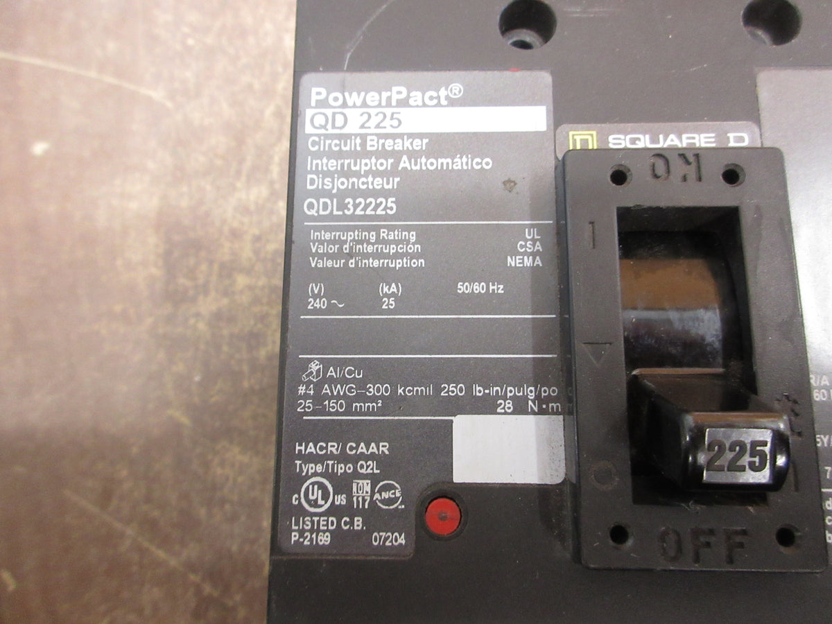 Square D PowerPact Circuit Breaker QDL32225 225A 240V 3P Used