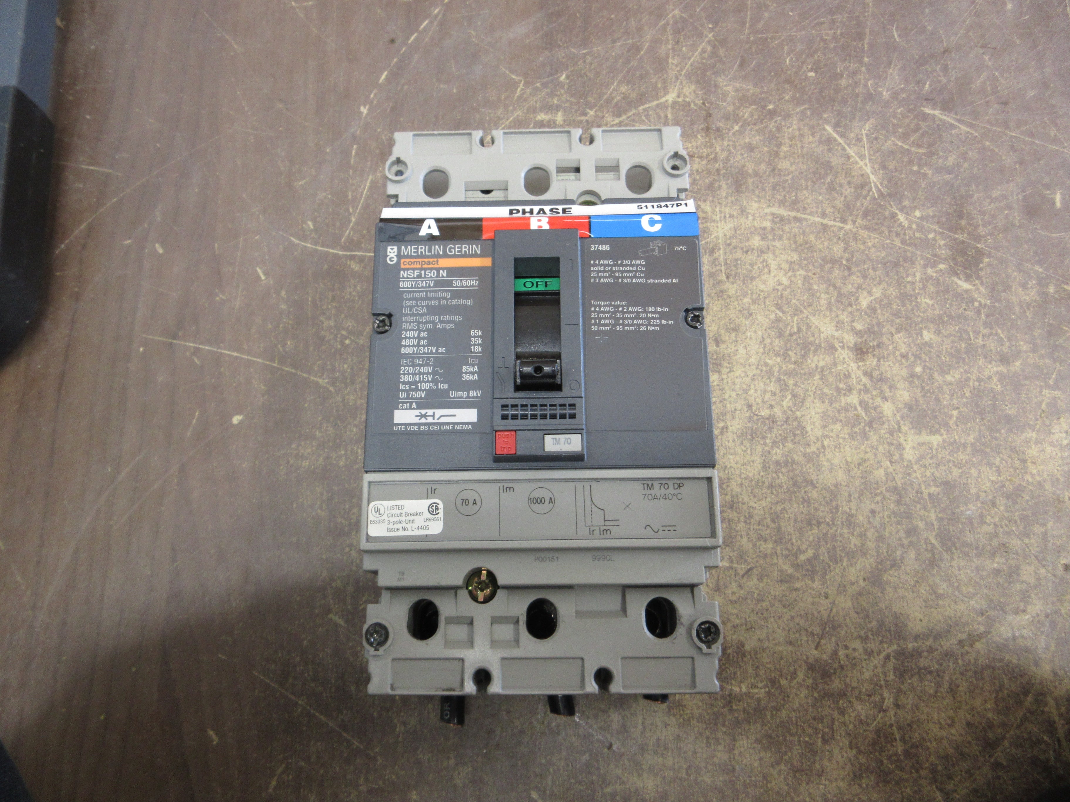 Merlin Gerin Circuit Breaker NSF150 N 70A 600V 3P Used