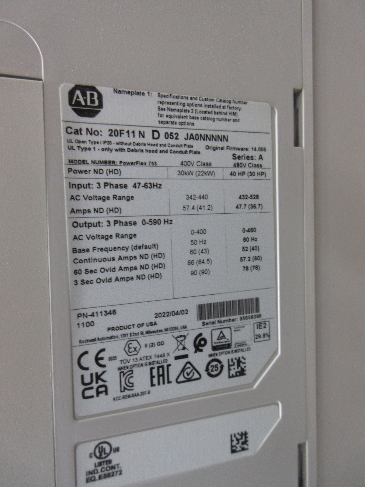 Allen-Bradley PowerFlex 753 AC Drive 20F11ND052JA0NNNNN 40HP 3Ph w/ Keypad Used