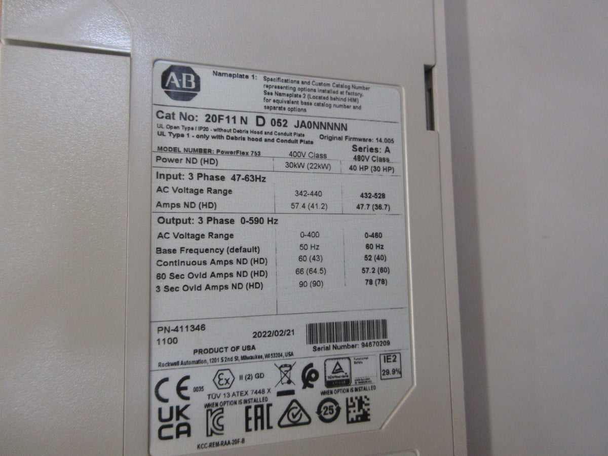 Allen-Bradley PowerFlex 753 AC Drive 20F11ND052JA0NNNNN 40HP 3Ph w/ Keypad Used