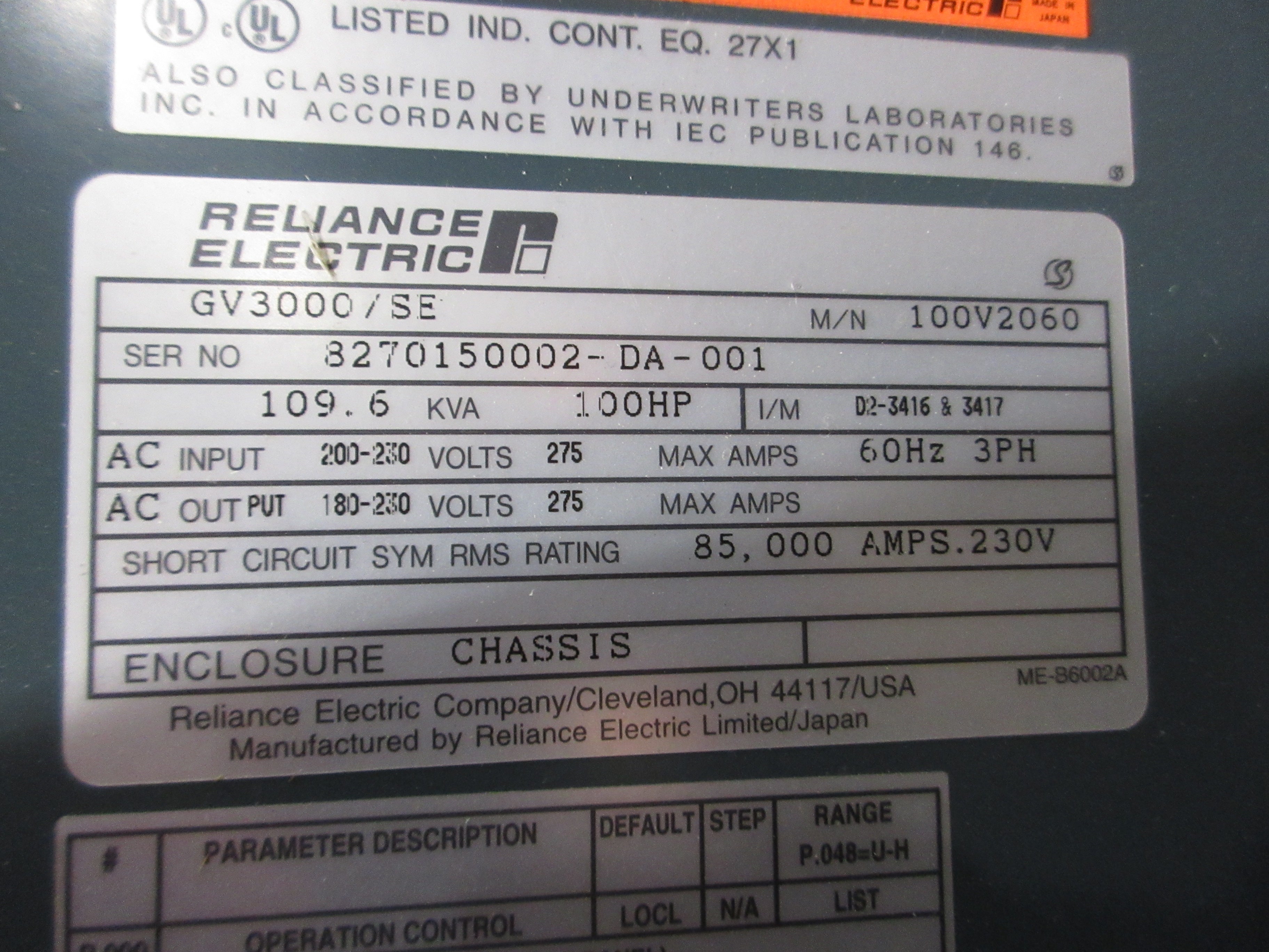 Reliance Electric VTAC 7 GV3000/SE AC Drive 100V2060 100HP 3Ph Used
