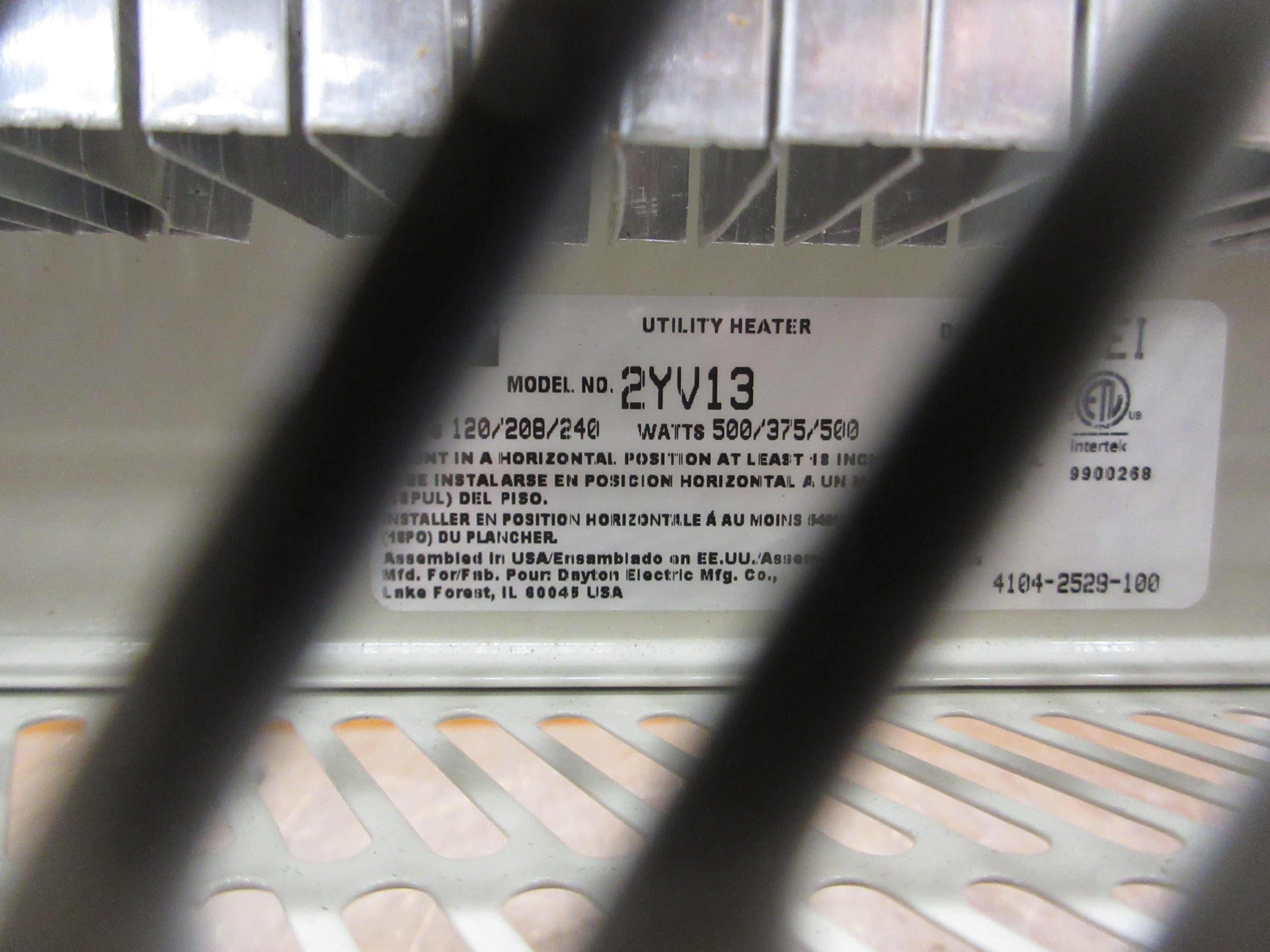 Dayton Utility Heater 2YV13 120/208/240V 500/375/500W Used