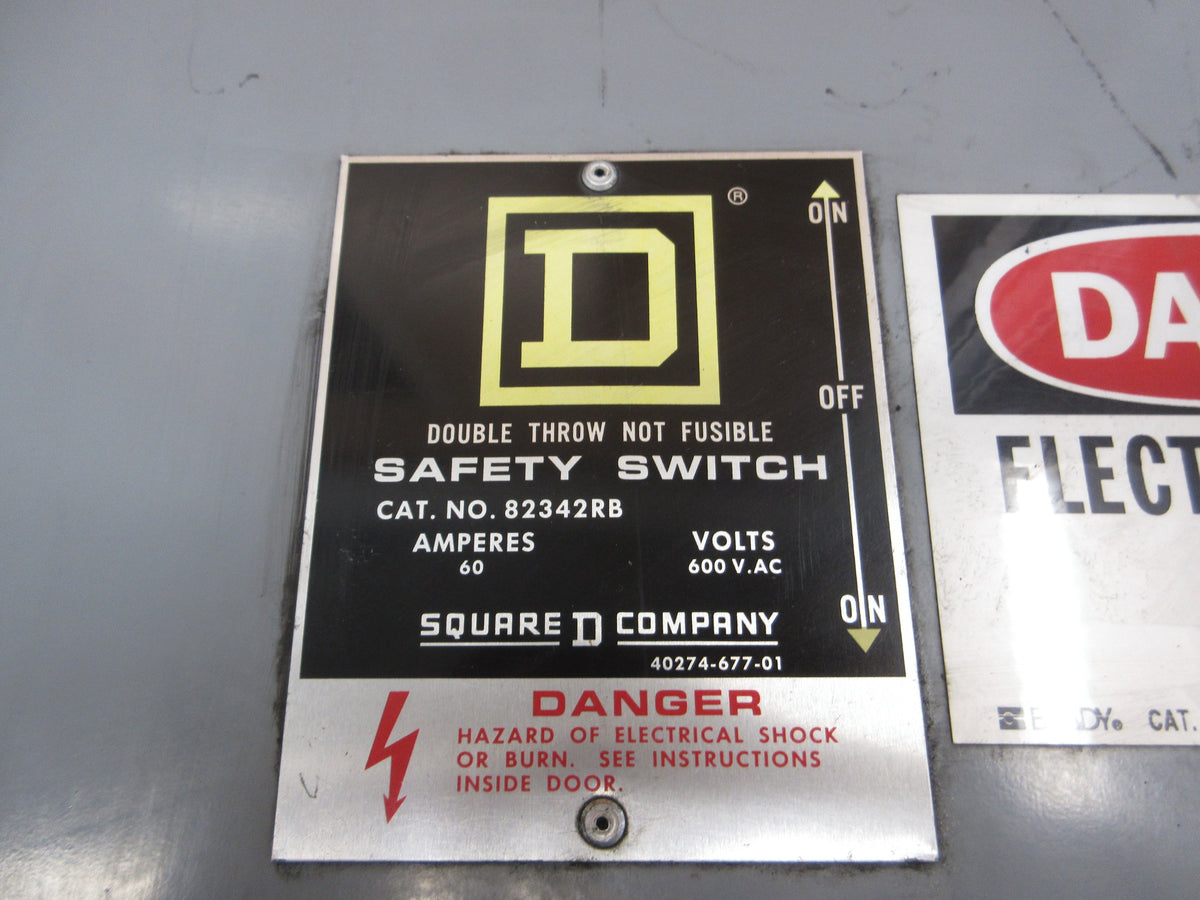 Square D Non-Fusible 3R Safety Switch / Disconnect 82342RB 60A 600V 3P Double-Throw Used