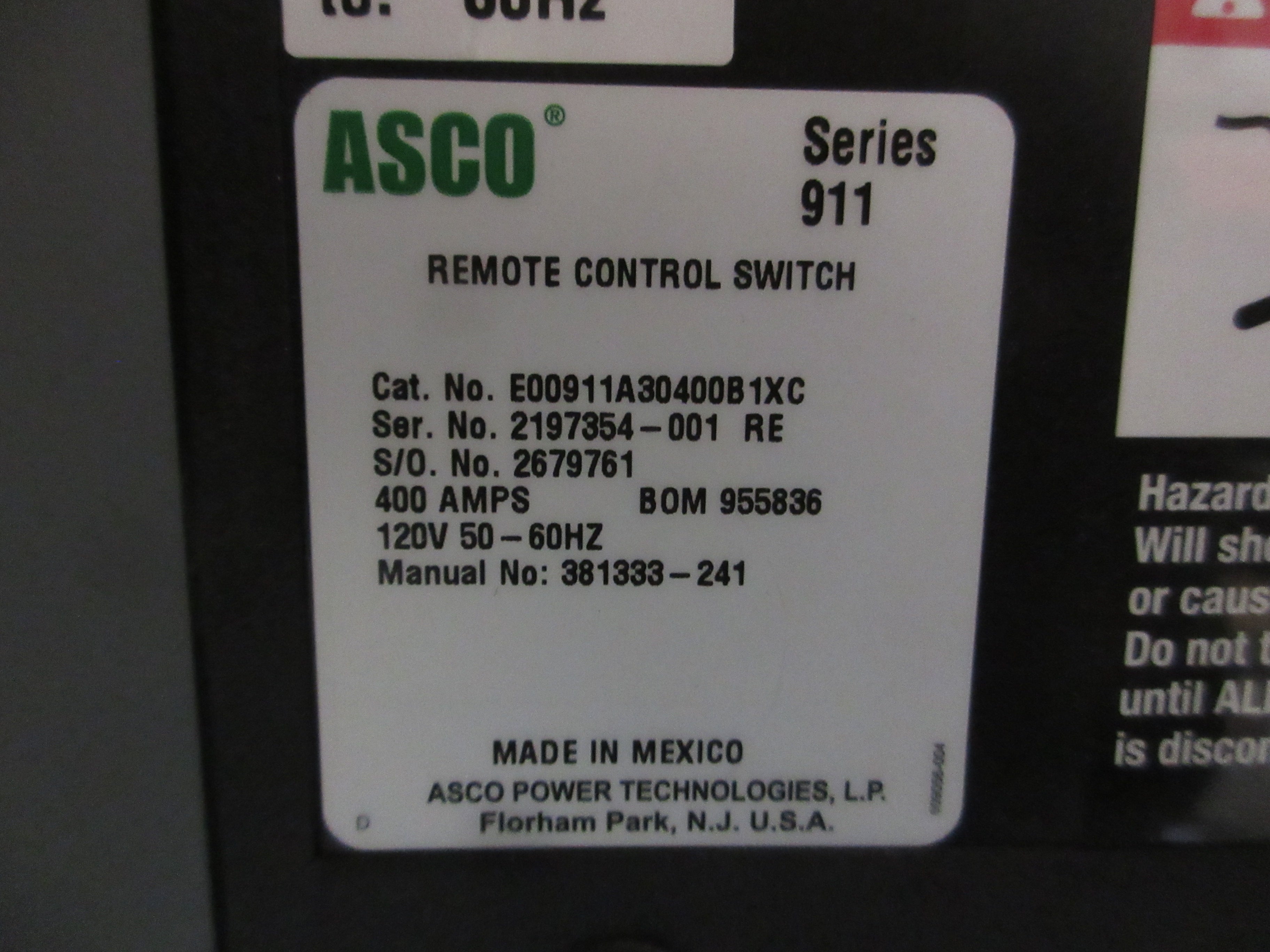 Asco Series 911 Remote Control Switch E00911A30400B1XC 400A 120V Used